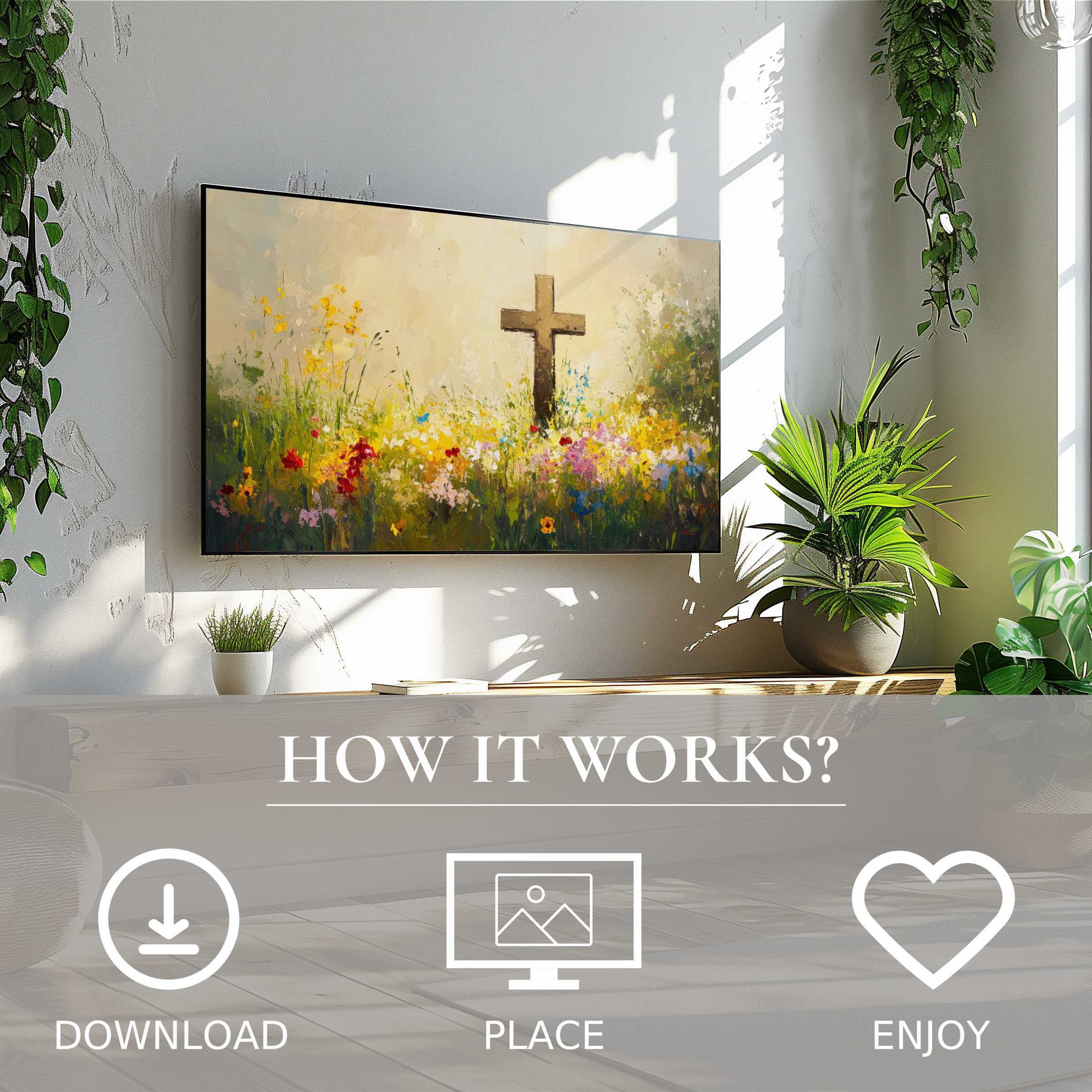 Modern living room with easter art for Samsung TV, soft floral tones, easy digital download enriches space