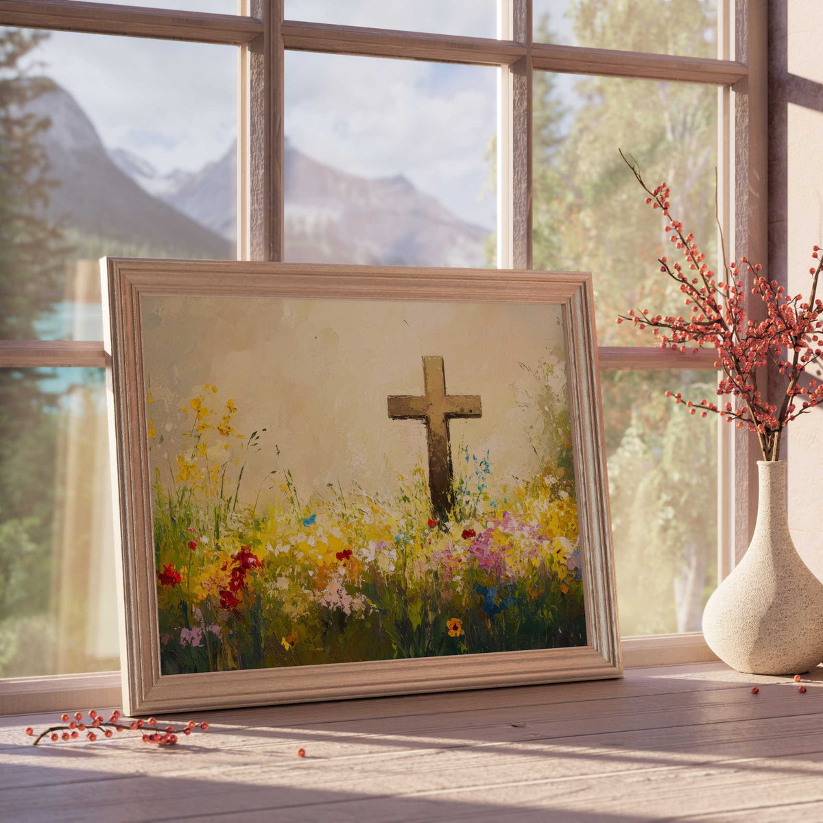 Elegant Easter downloadable art capturing a serene cross amidst vibrant spring blooms, perfect for tranquil, design-forward interiors