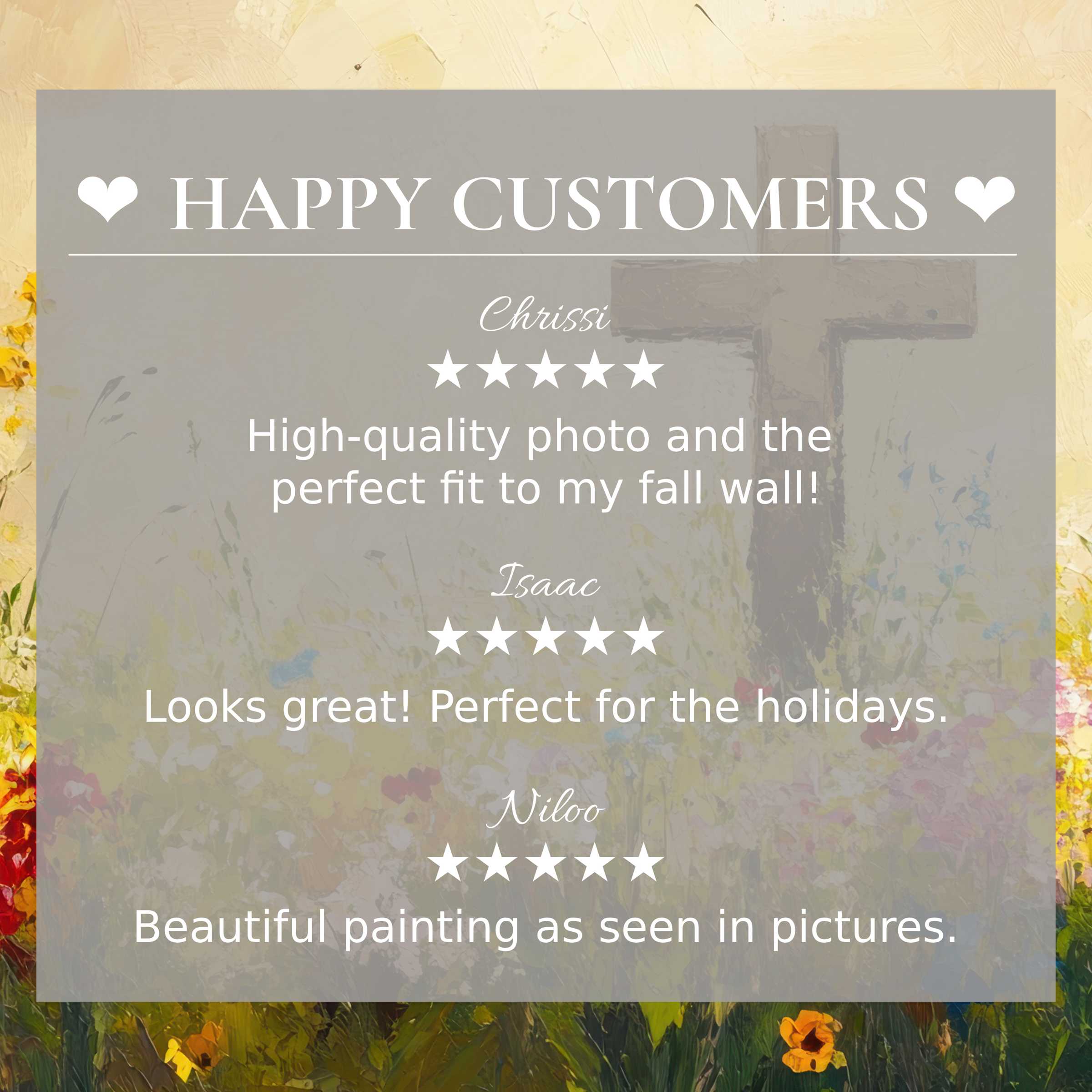 Happy customer reviews highlight elegant easter art for Frame TV with soft floral background, inspiring trust and style