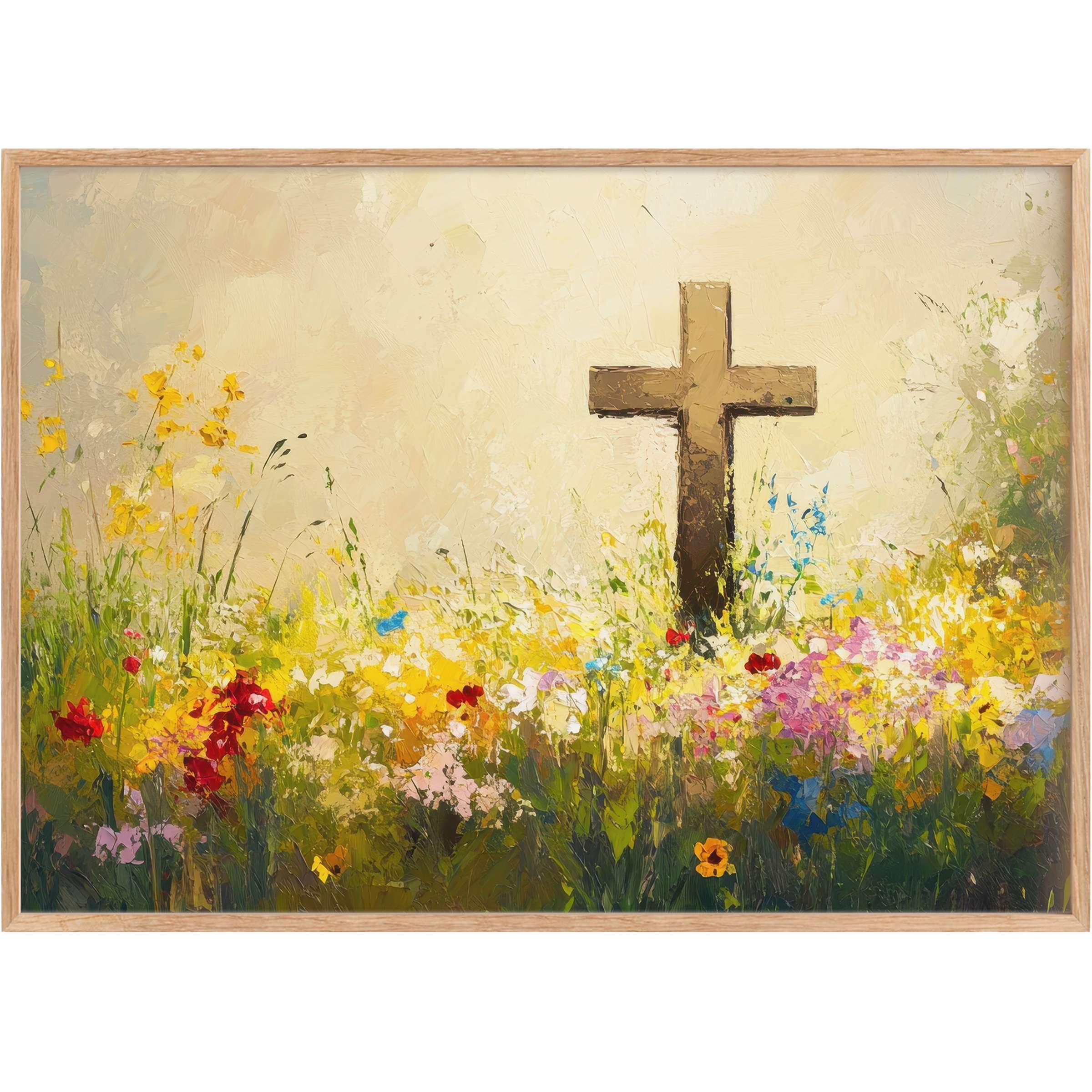 Easter printable wall art featuring a radiant wooden cross amidst vibrant wildflowers, evoking serene renewal and warmth