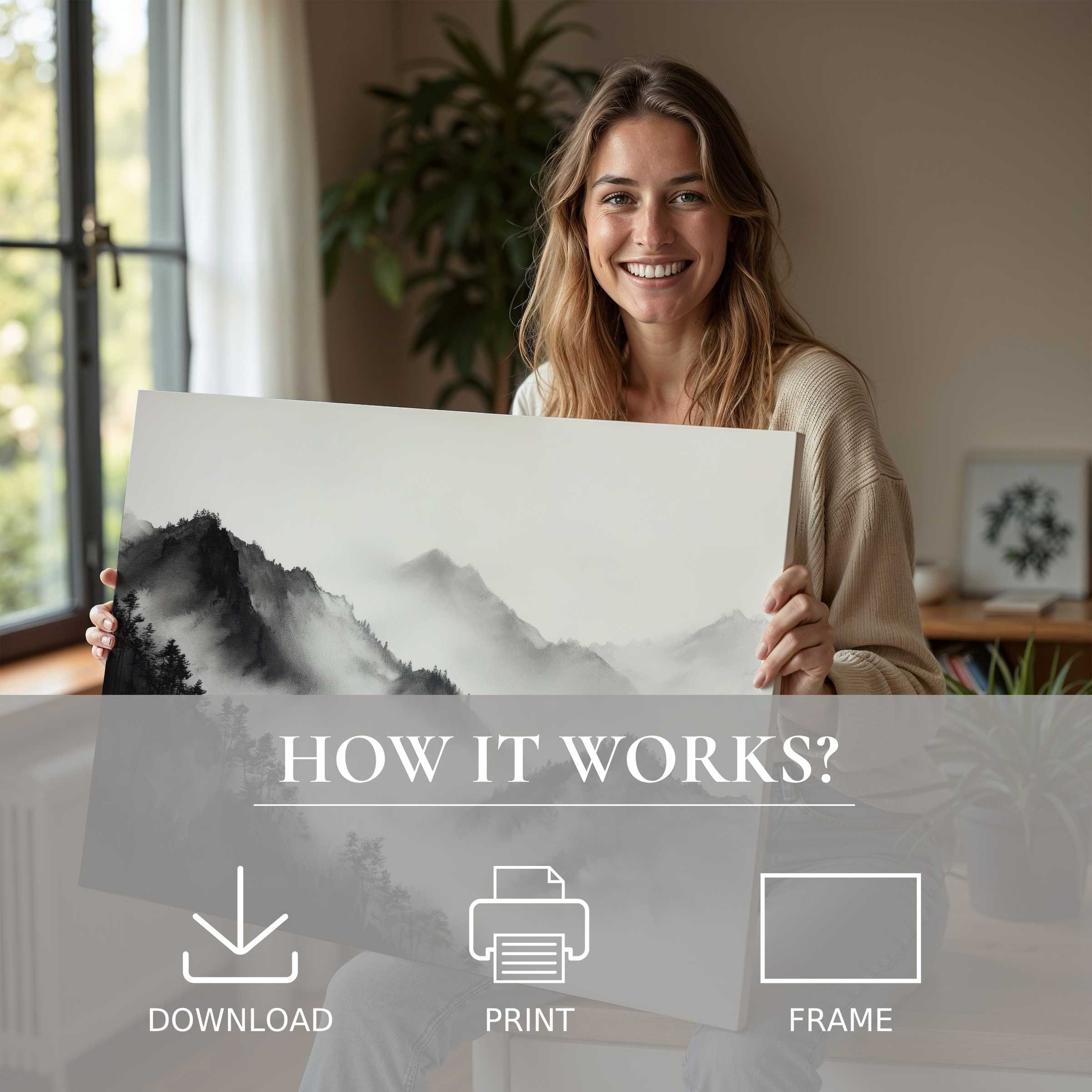 A joyful moment in a stylish home where a black and white digital art print brings serene beauty and effortless elegance