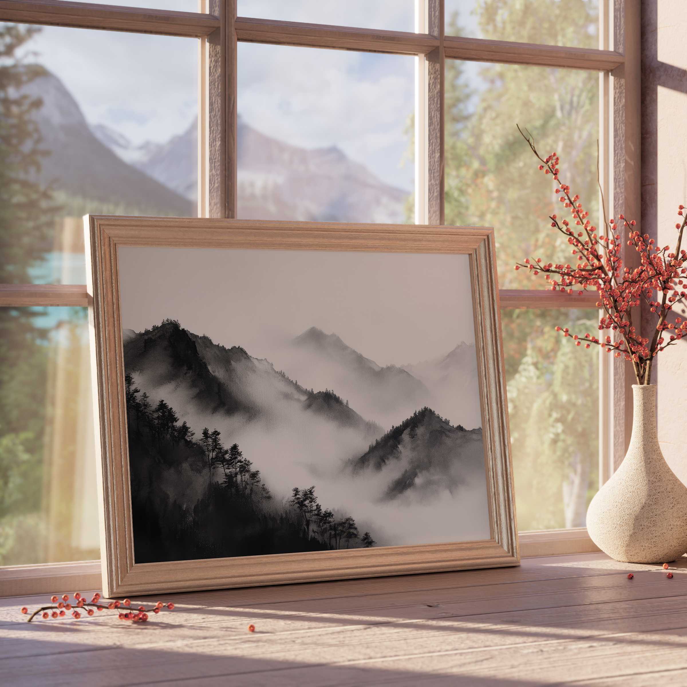 Black and white downloadable art of misty mountain peaks, perfect for curated, tranquil, design-forward living spaces