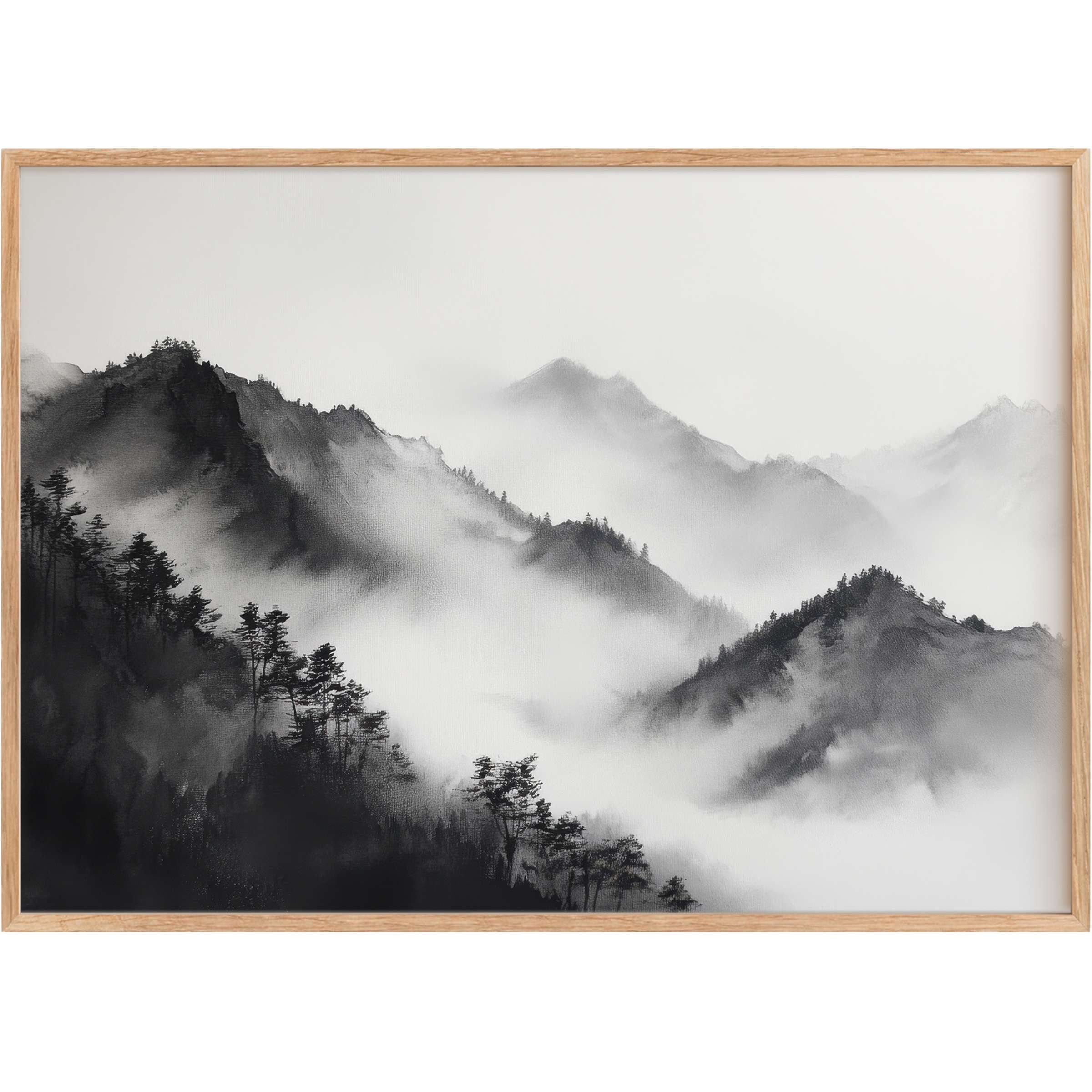 Mist-veiled peaks in serene gradients create a calming, timeless ambiance with black and white printable wall art