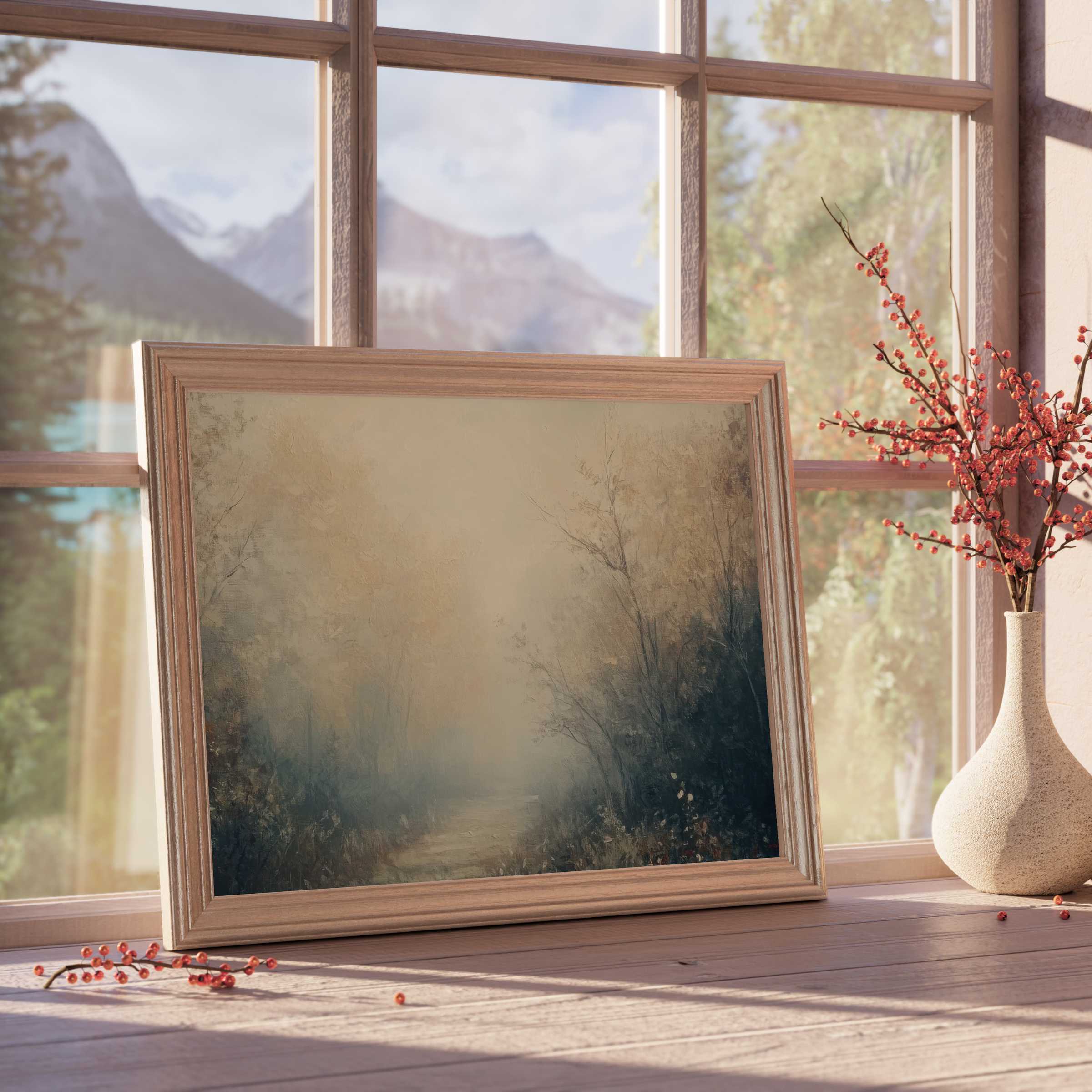 Fall downloadable art evokes serene woodland tranquility with soft fog and muted amber tones, perfect for curated, calm interiors