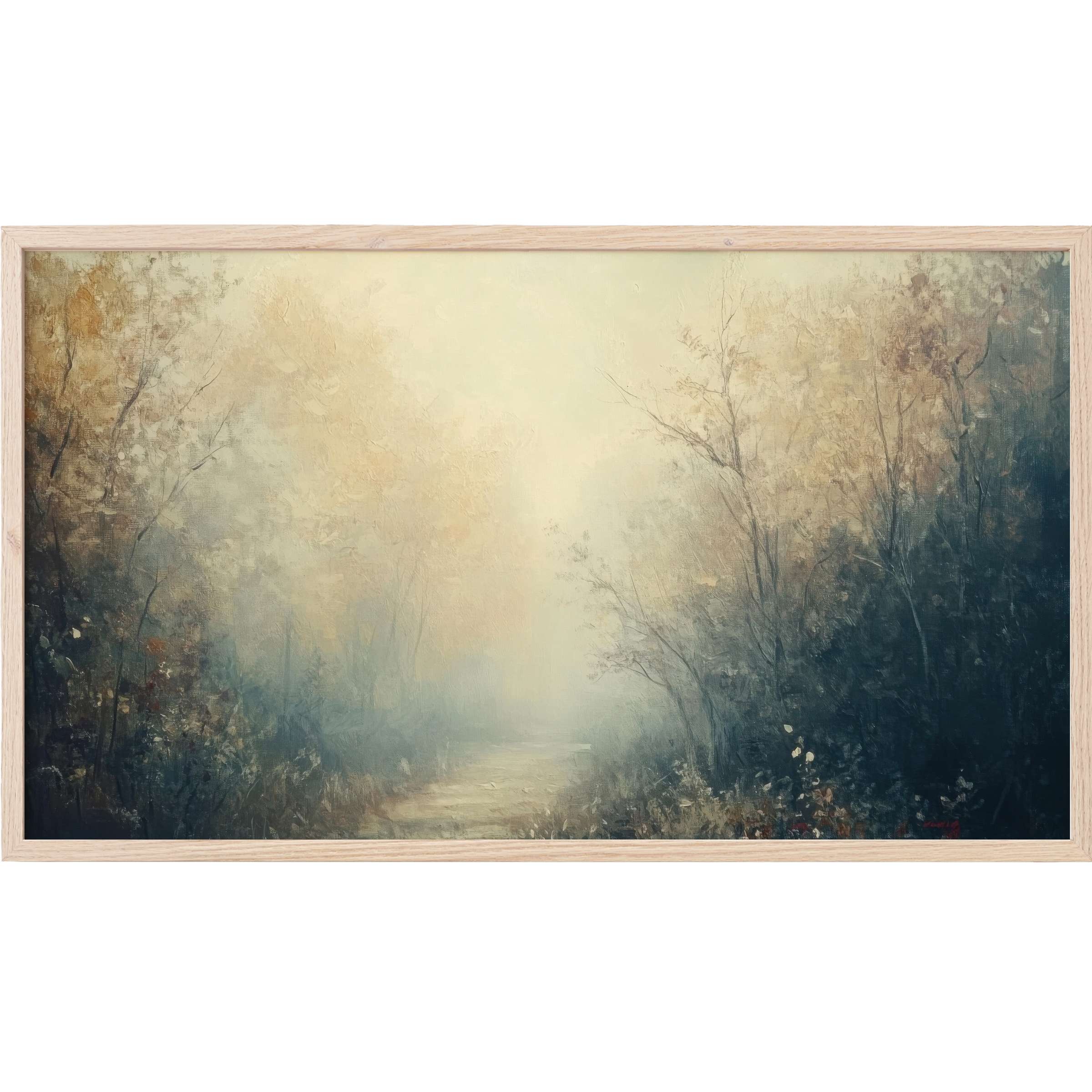 Fall Frame TV Art depicting a misty woodland path in muted golds, grays and soft blues, evoking serene autumn elegance