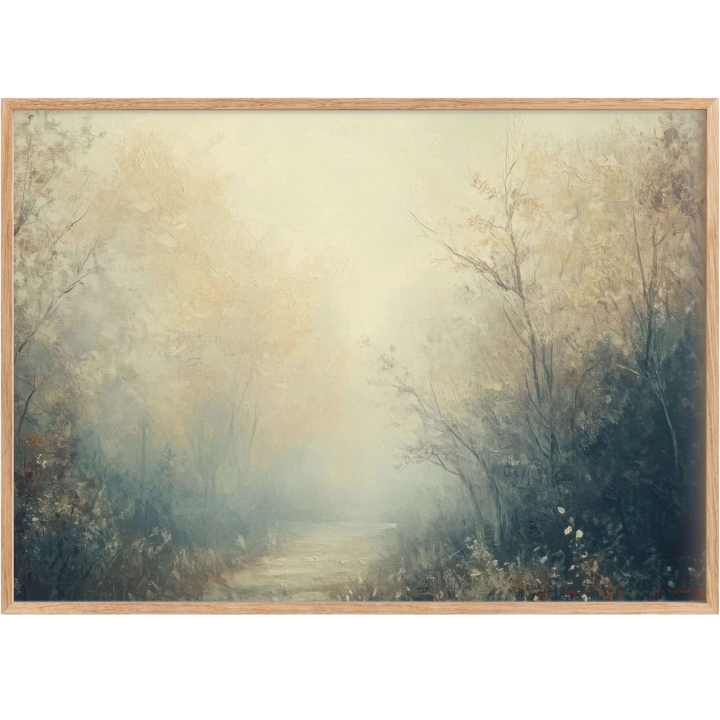 Ethereal fall printable wall art in soft gold and deep blue tones, evoking serene autumnal calm and timeless elegance
