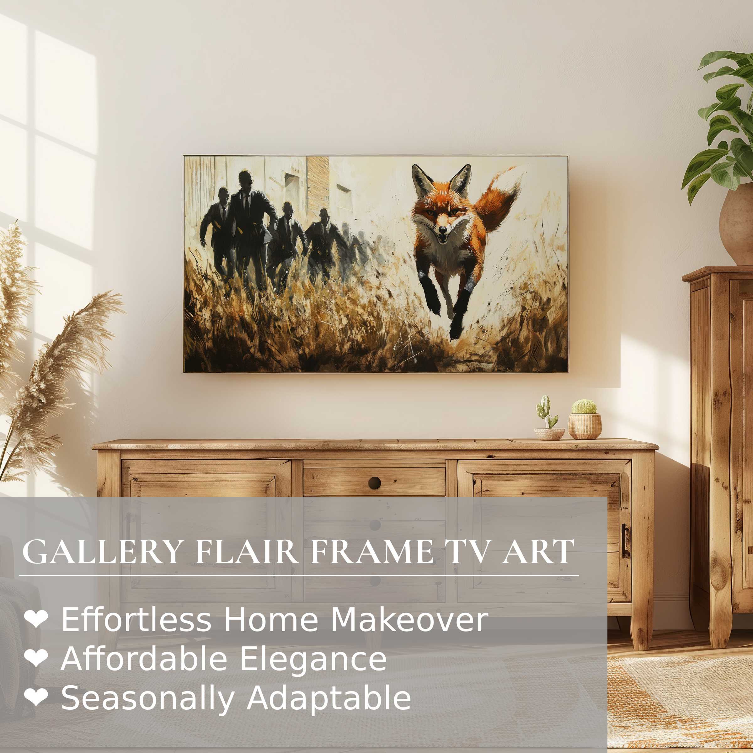 Samsung Frame TV displays dynamic street art digital artwork of a vivid fox and silhouettes in a modern, sunlit setting