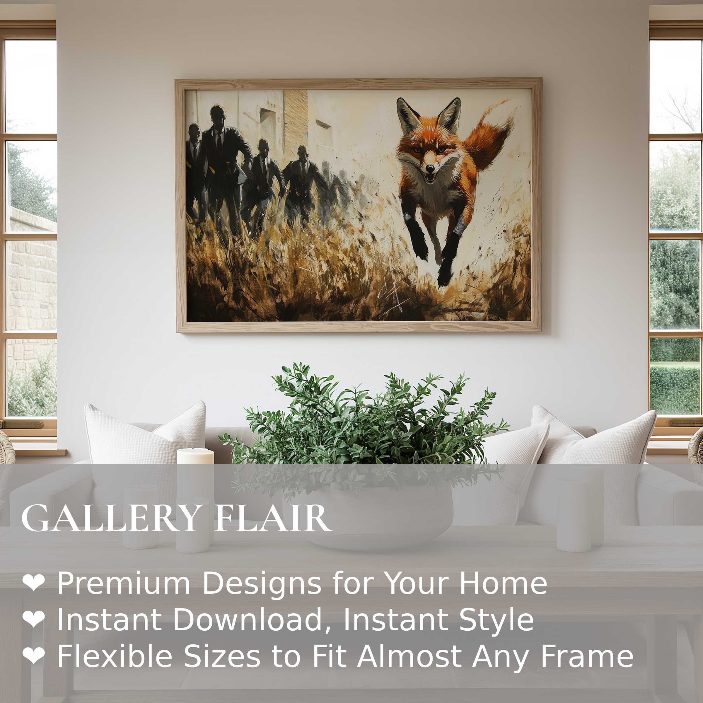 Bold street art wall art print featuring a dynamic fox in motion against shadowy figures, enhancing modern minimalist interiors with urban edge and vitality
