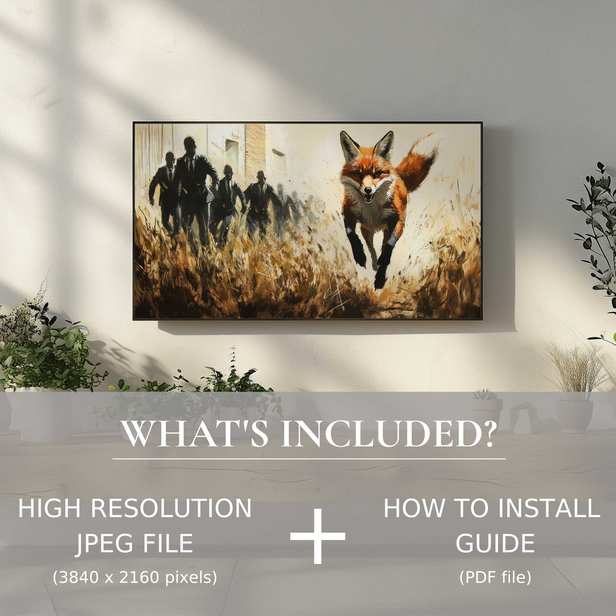 Elegant street art digital TV art download, easy to use, enriching living spaces with dynamic fox and silhouette design