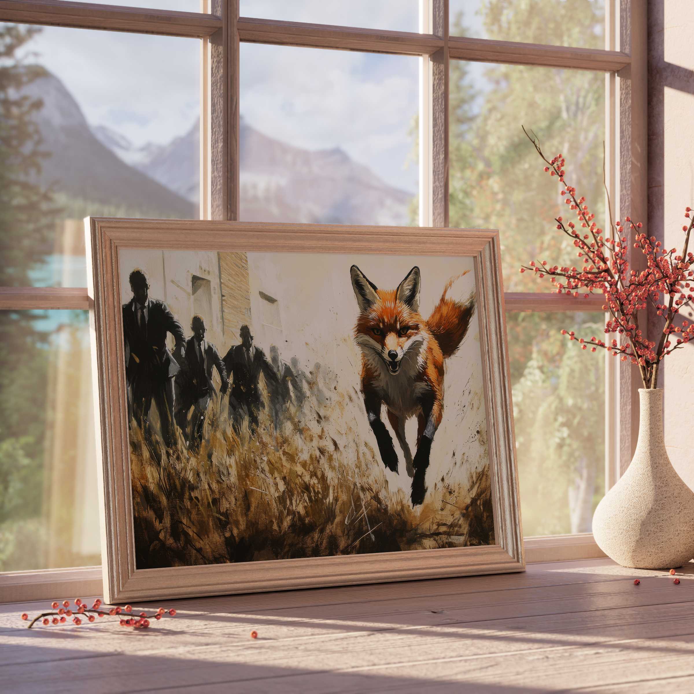Street art downloadable art capturing a vibrant fox sprinting through textured urban silhouettes, energizing curated modern interiors