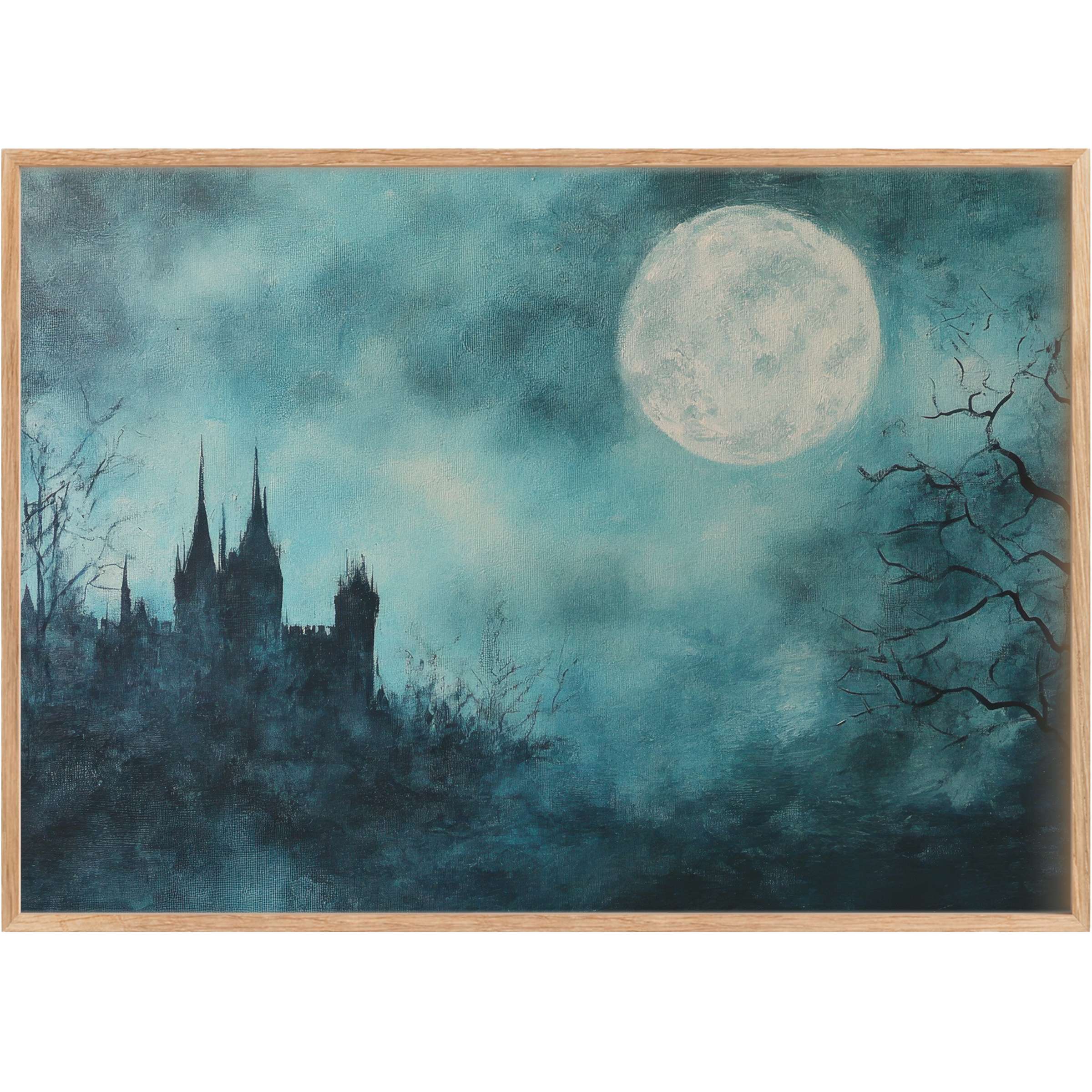 Ethereal halloween printable wall art capturing a misty midnight scene with a glowing full moon and gothic castle silhouette, evoking eerie elegance
