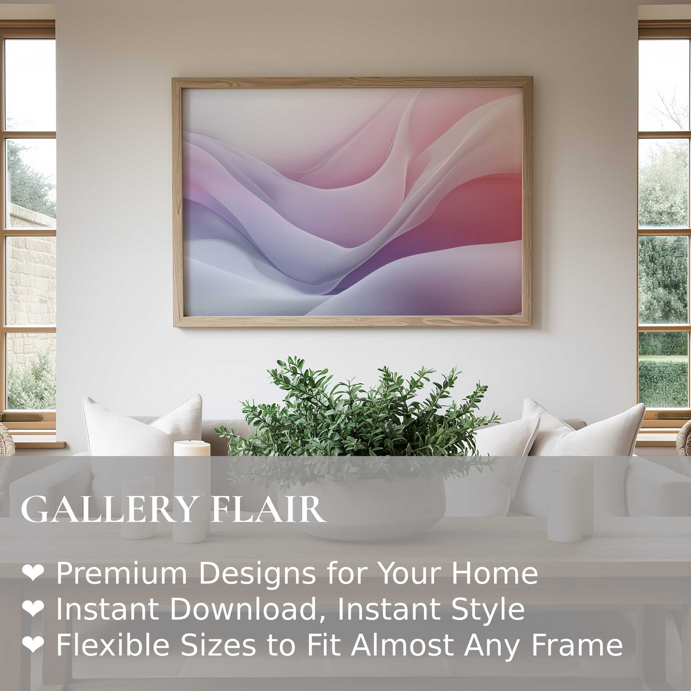 Elegant abstract wall art print with flowing lavender and blush hues, enhancing serene minimalist interiors with soft, calming ambiance