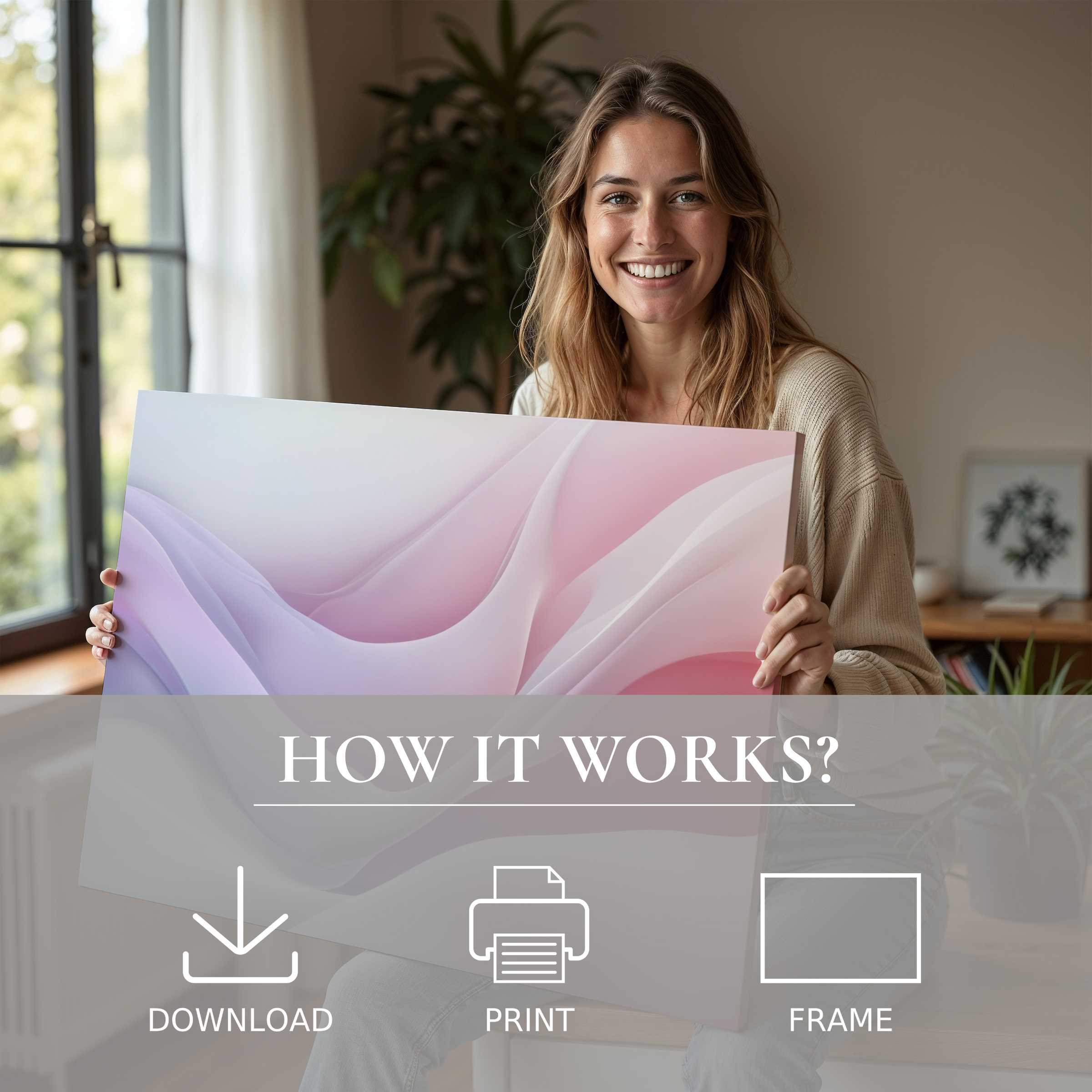 A radiant moment of connection and joy with a soft-hued abstract digital art print in a stylish, serene home