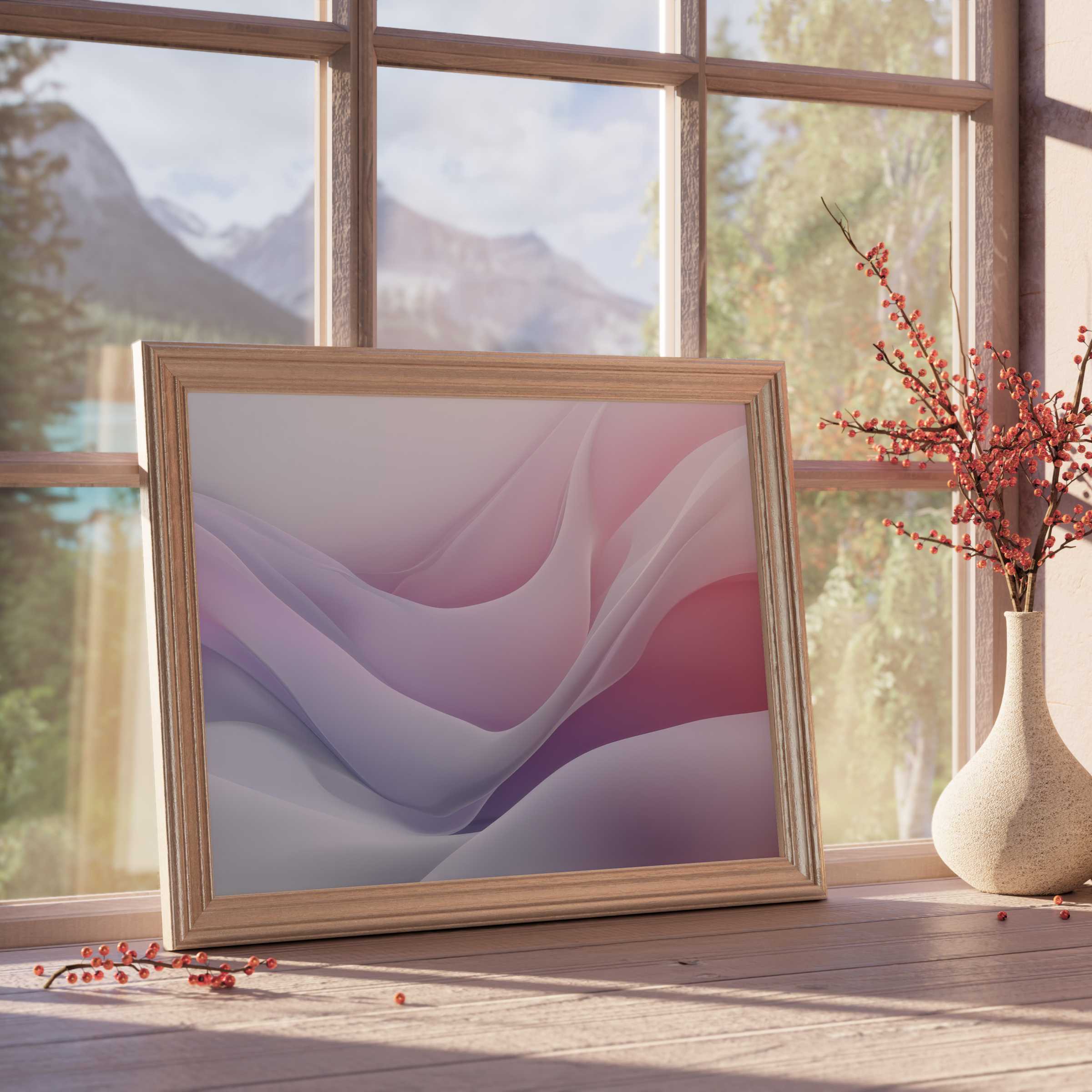 Ethereal abstract downloadable art in soft mauve and rose hues, elevating serene, curated interiors with modern elegance