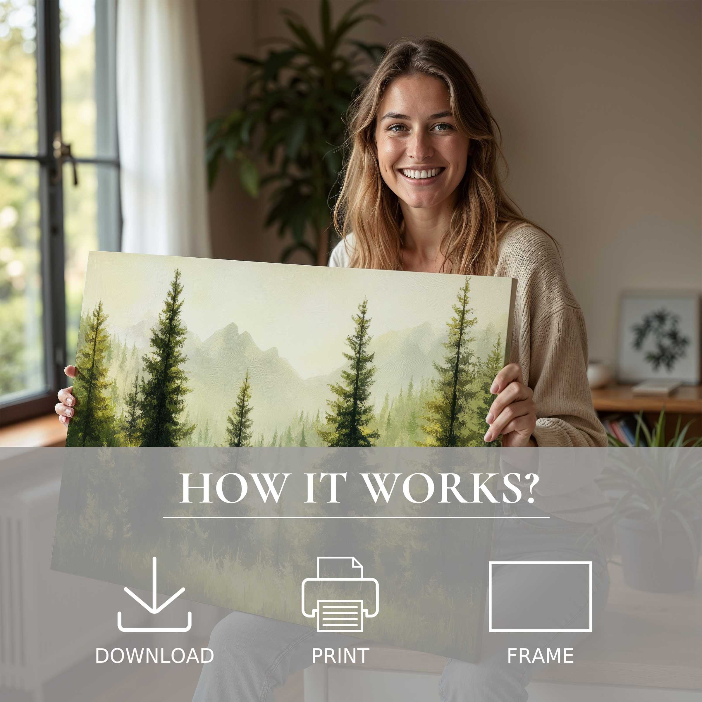 A joyful moment in a modern home, where serene tree digital art print bridges nature and refined living with effortless elegance