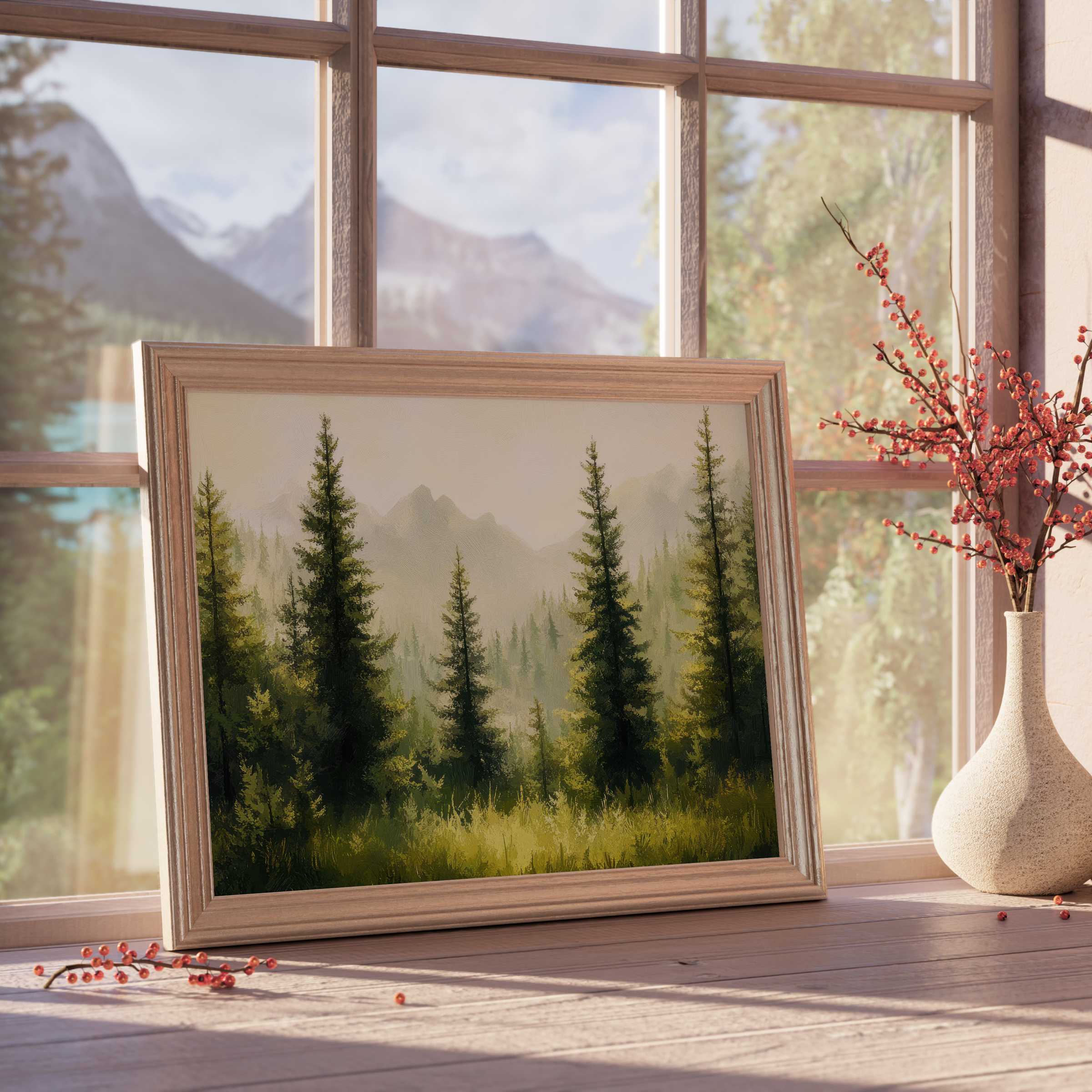 Serene tree downloadable art capturing misty forest tranquility, enriching modern interiors with warm, curated natural elegance