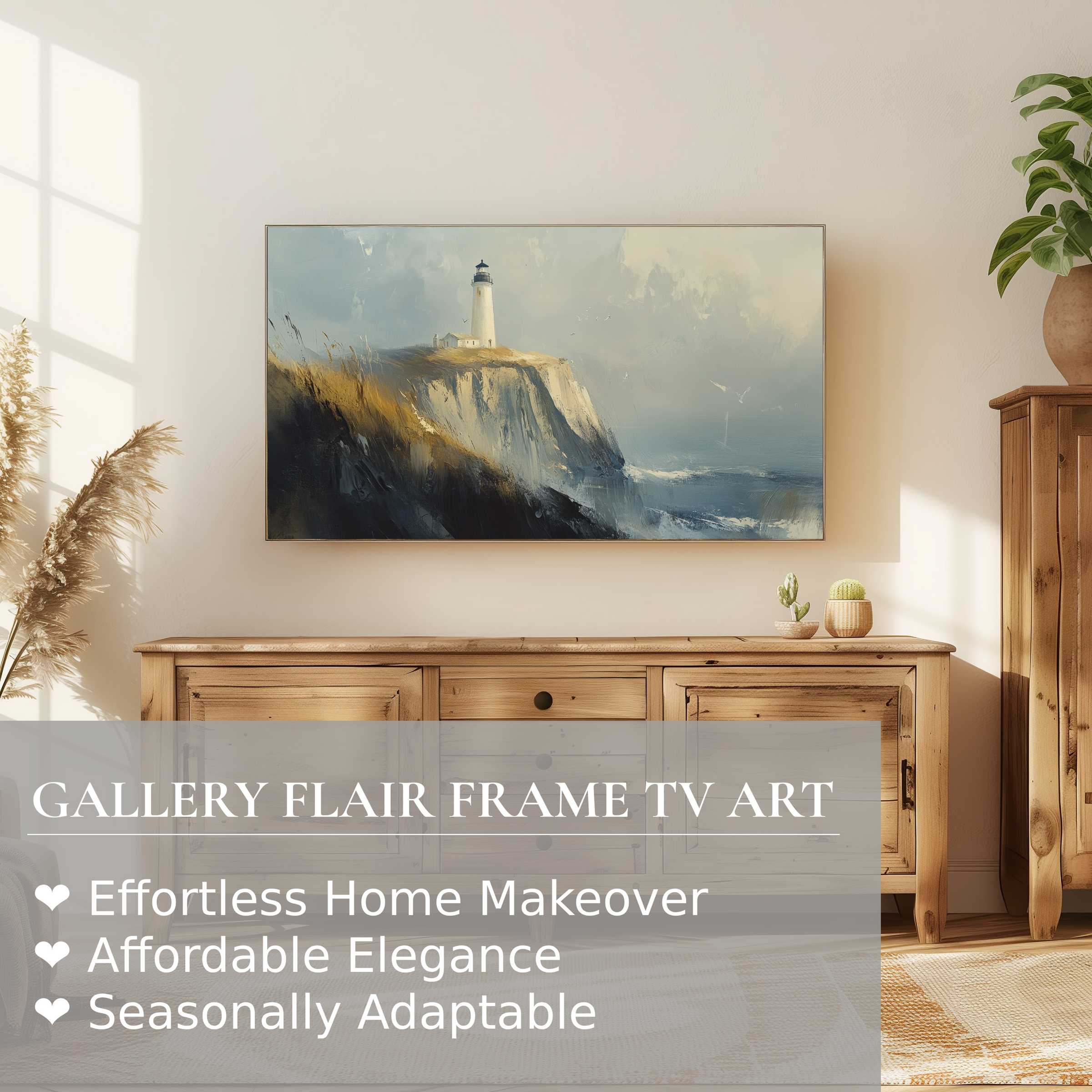 Samsung Frame TV displays serene beach digital artwork of lighthouse on cliff in modern, elegant living space