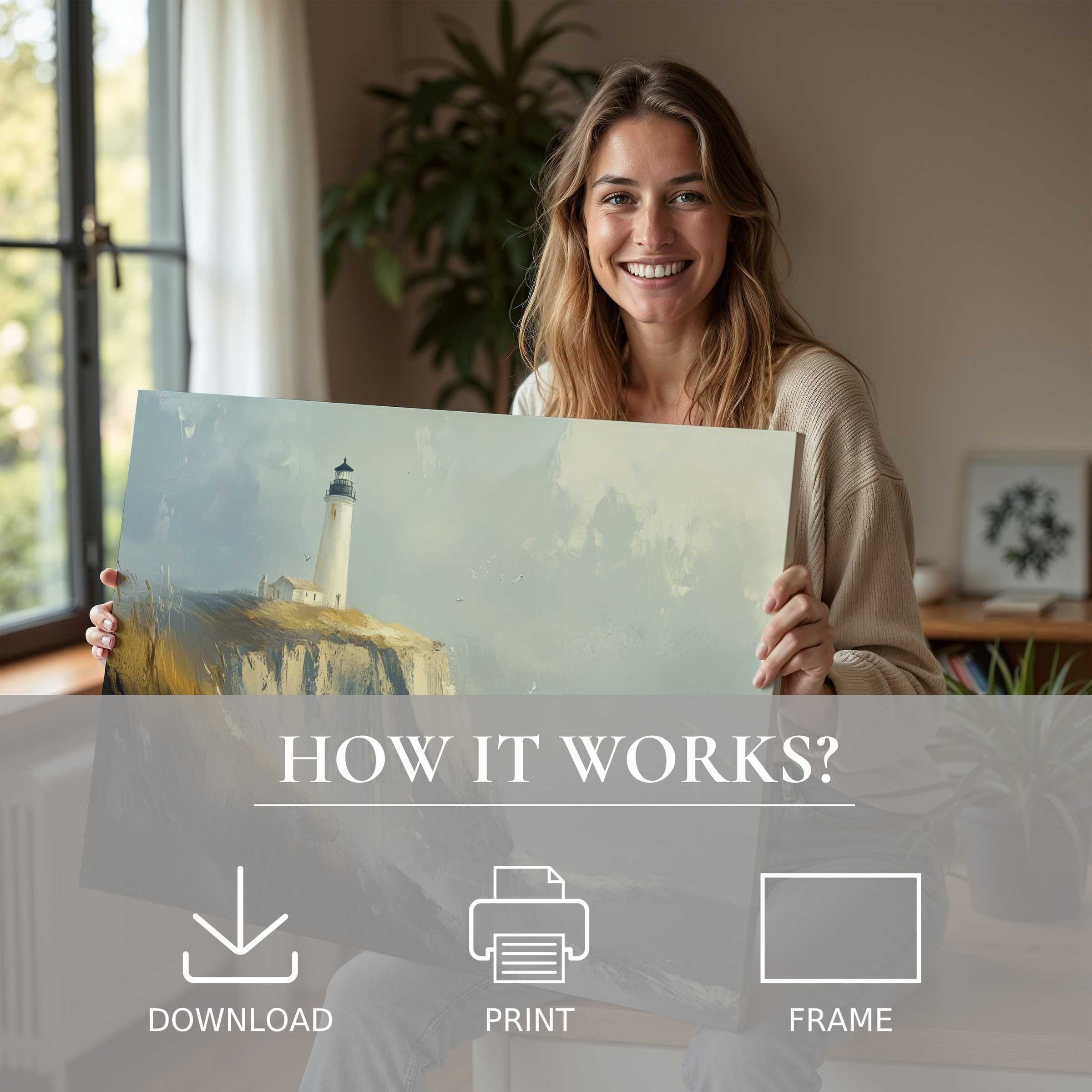 Woman in a modern home radiates joy while sharing a serene beach digital art print with soft, calming tones