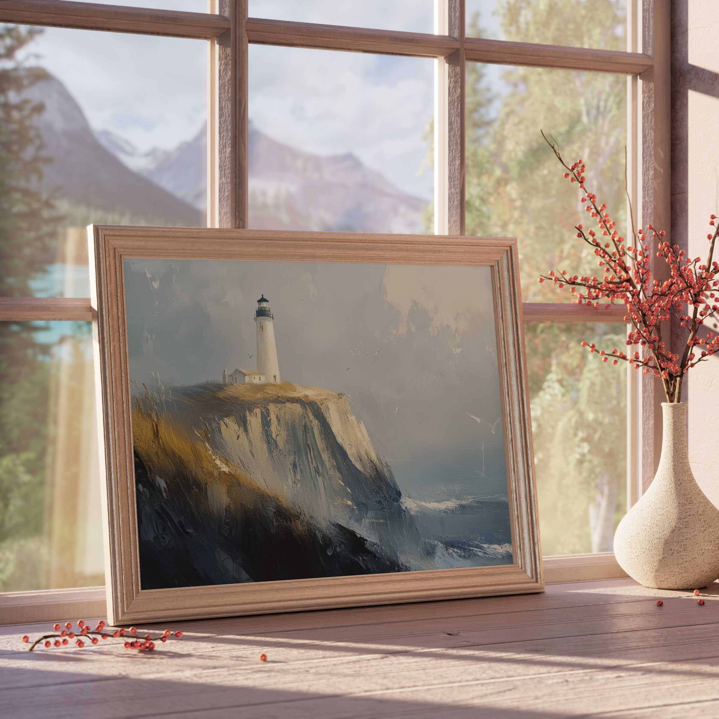 Serene beach downloadable art featuring a majestic lighthouse on rugged cliffs, infusing curated coastal elegance and tranquil charm into stylish interior spaces