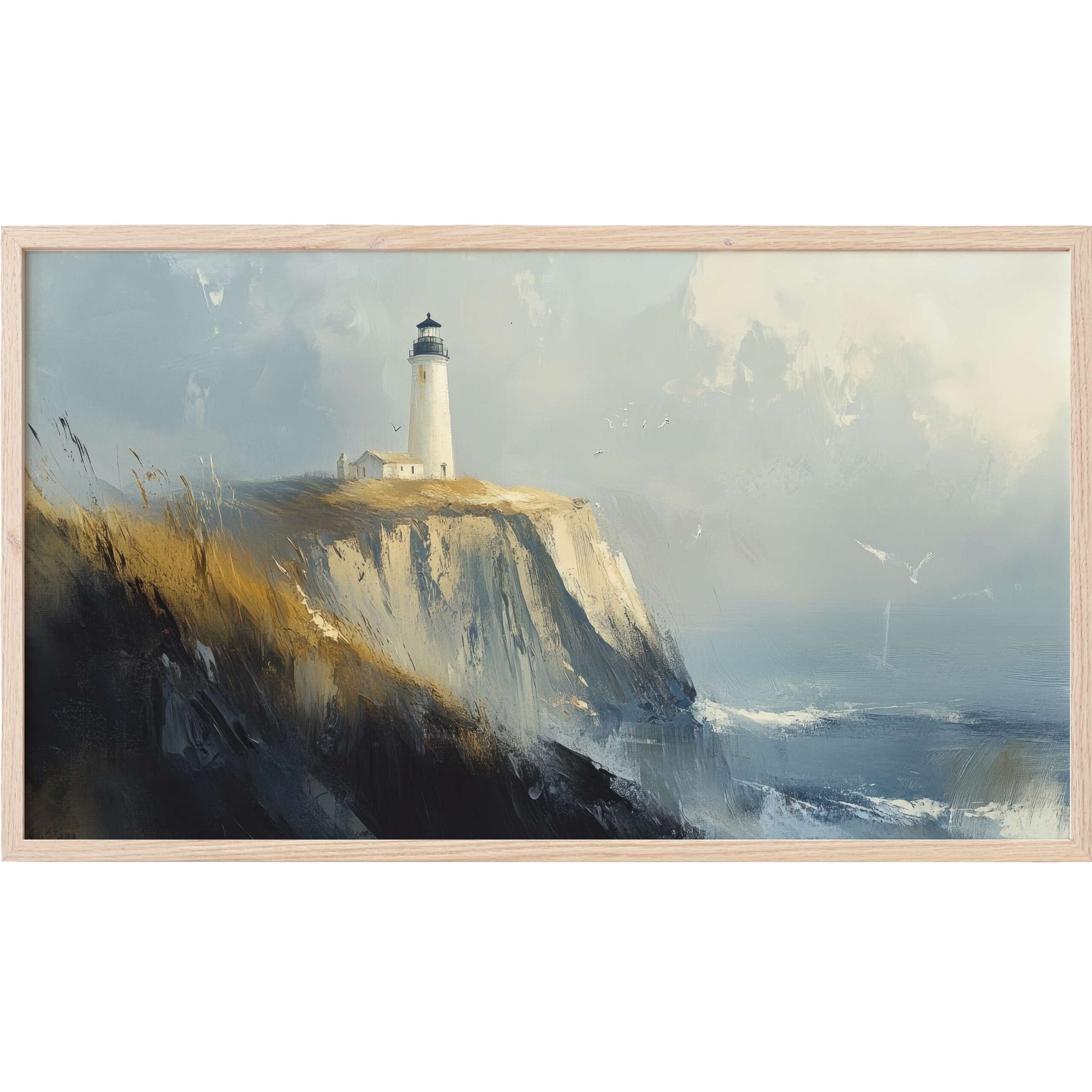 Serene lighthouse atop rugged cliffs in muted blues and ochres, an elegant beach Frame TV Art piece