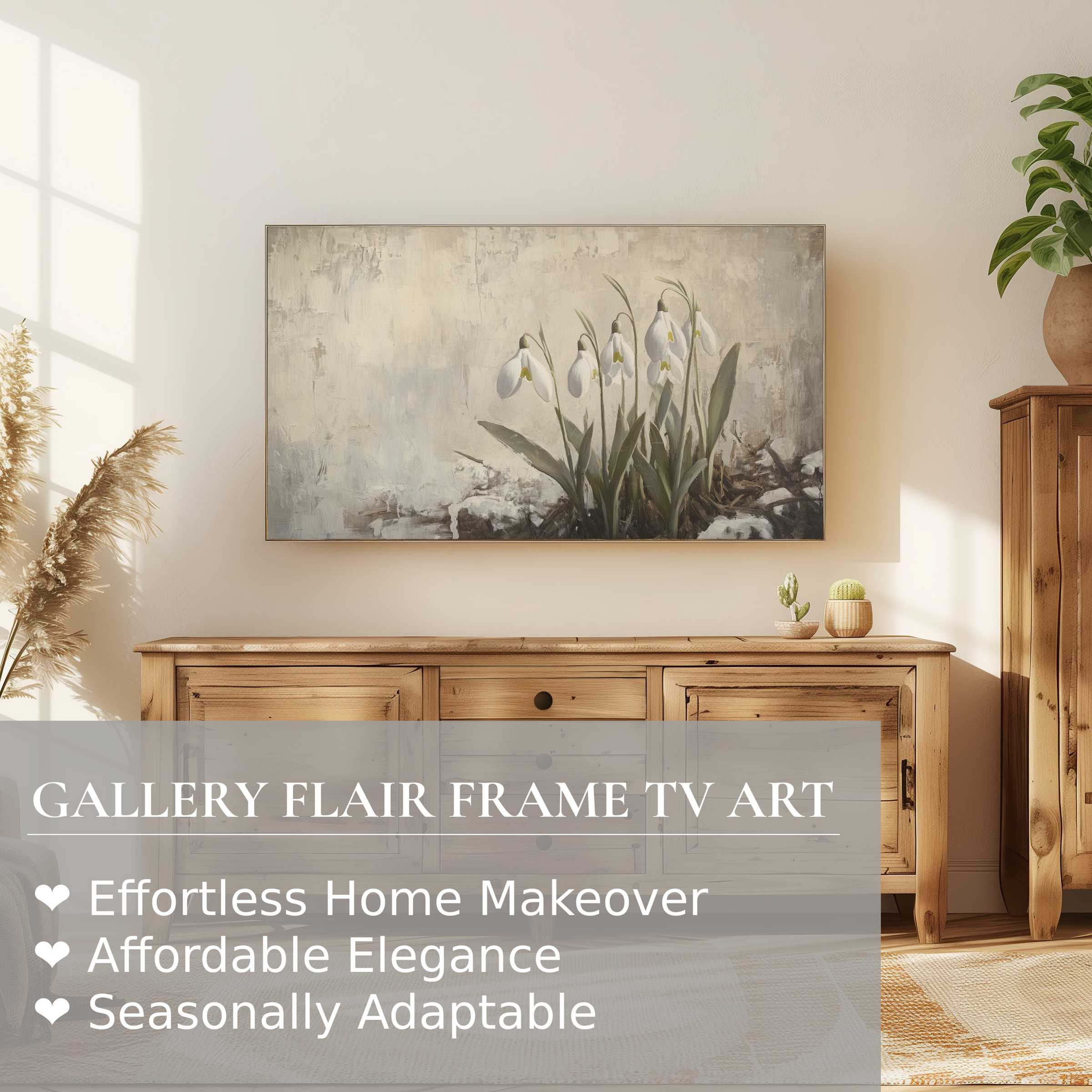 Samsung Frame TV showcases muted botanical digital artwork in a serene modern living space with natural wood tones
