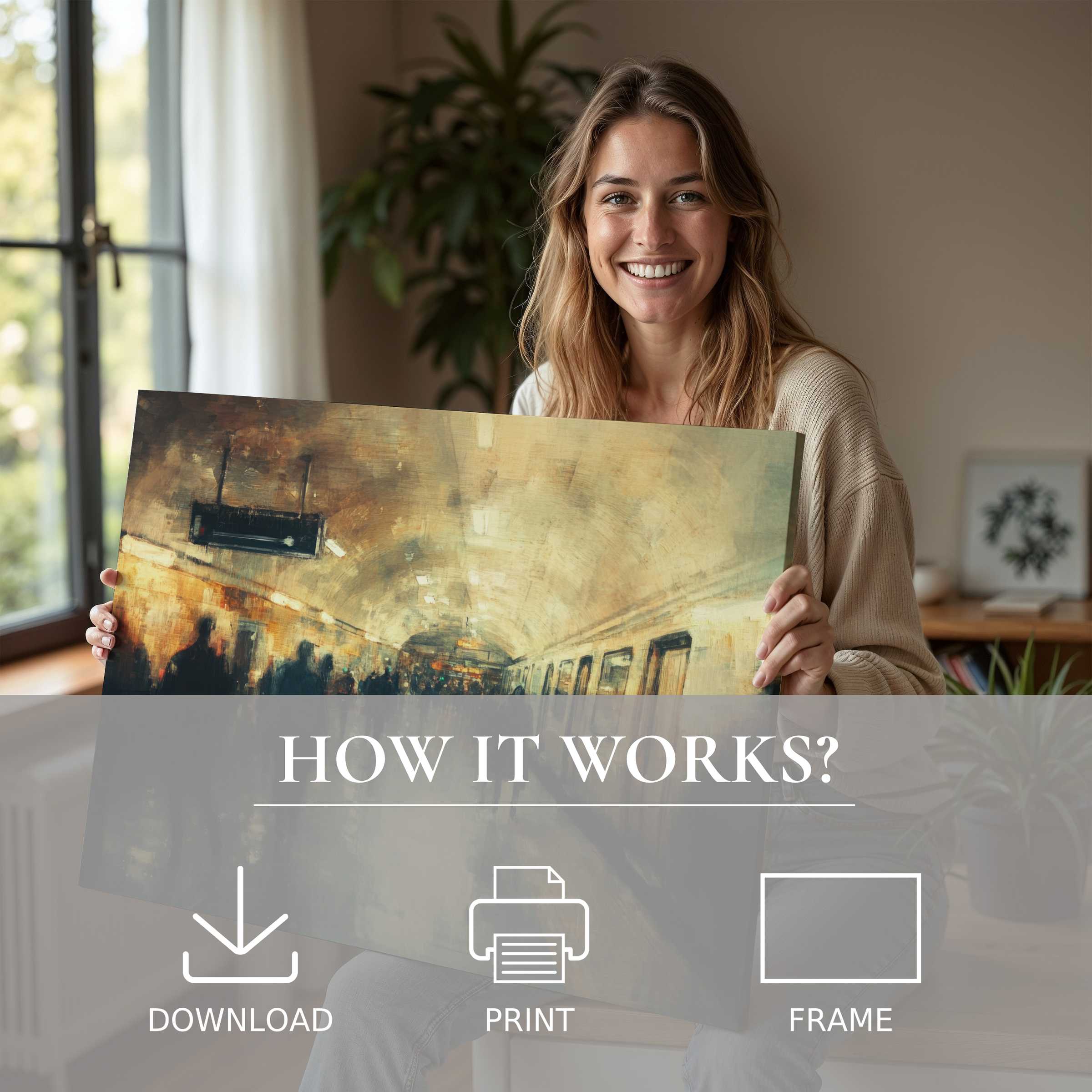 A serene moment of joy in a stylish home, embracing urban digital art print’s subtle warmth and timeless charm