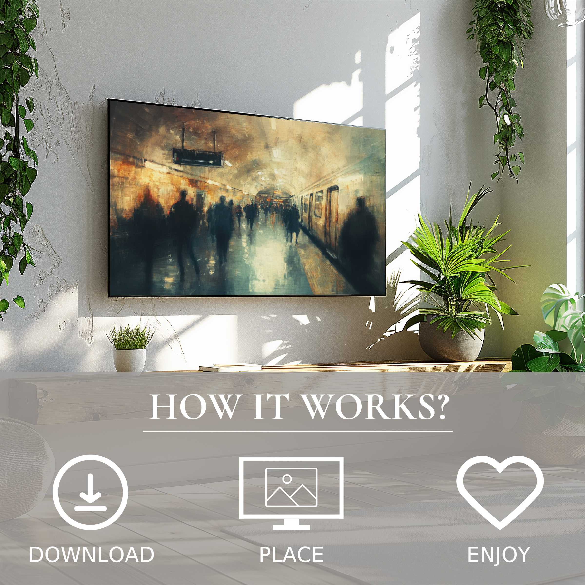 Urban art for Samsung TV: digital download displays blurred subway scene, enhancing modern living spaces with ease and style