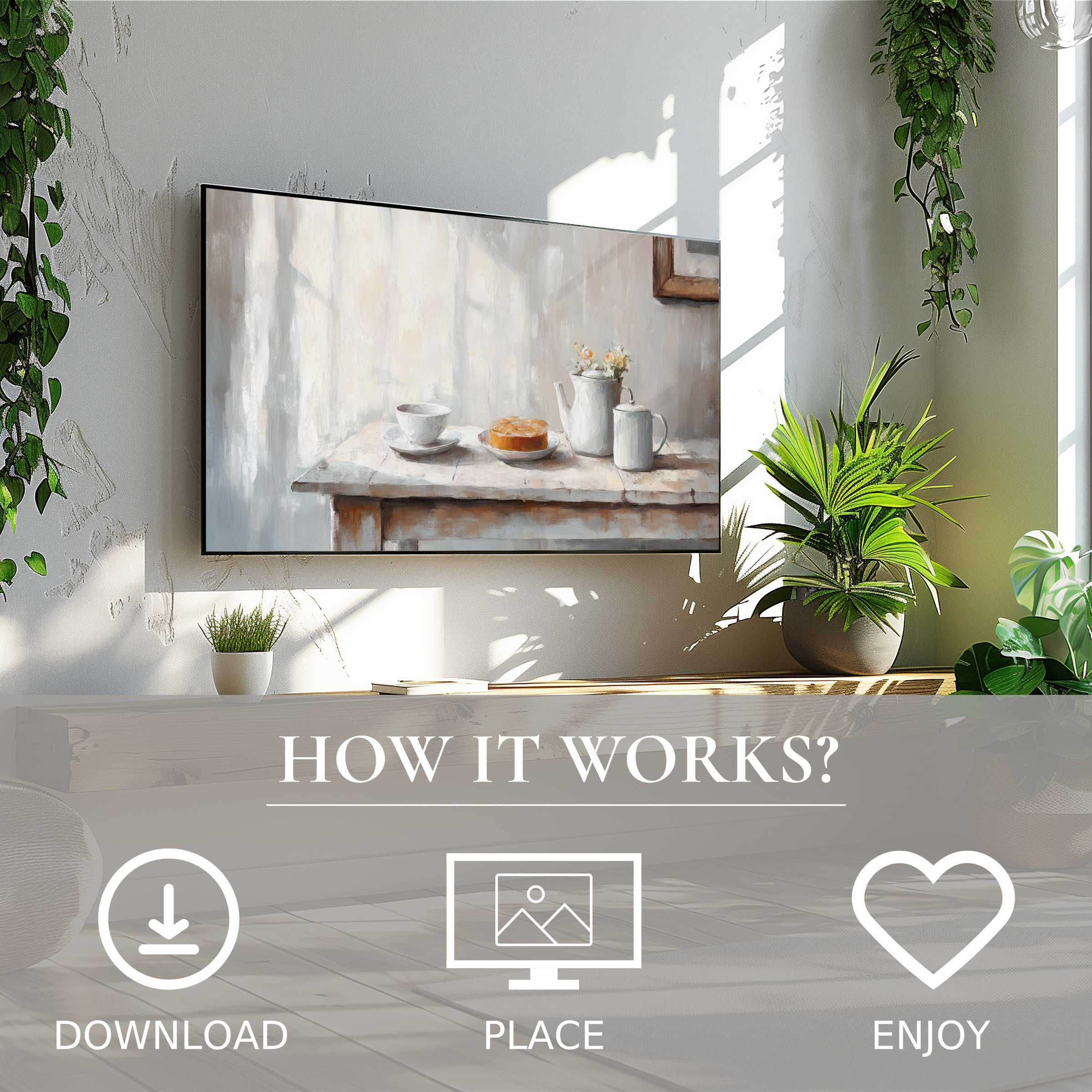Farmhouse art for Samsung TV showing soft neutral still life tones, easy digital download to enrich modern living spaces