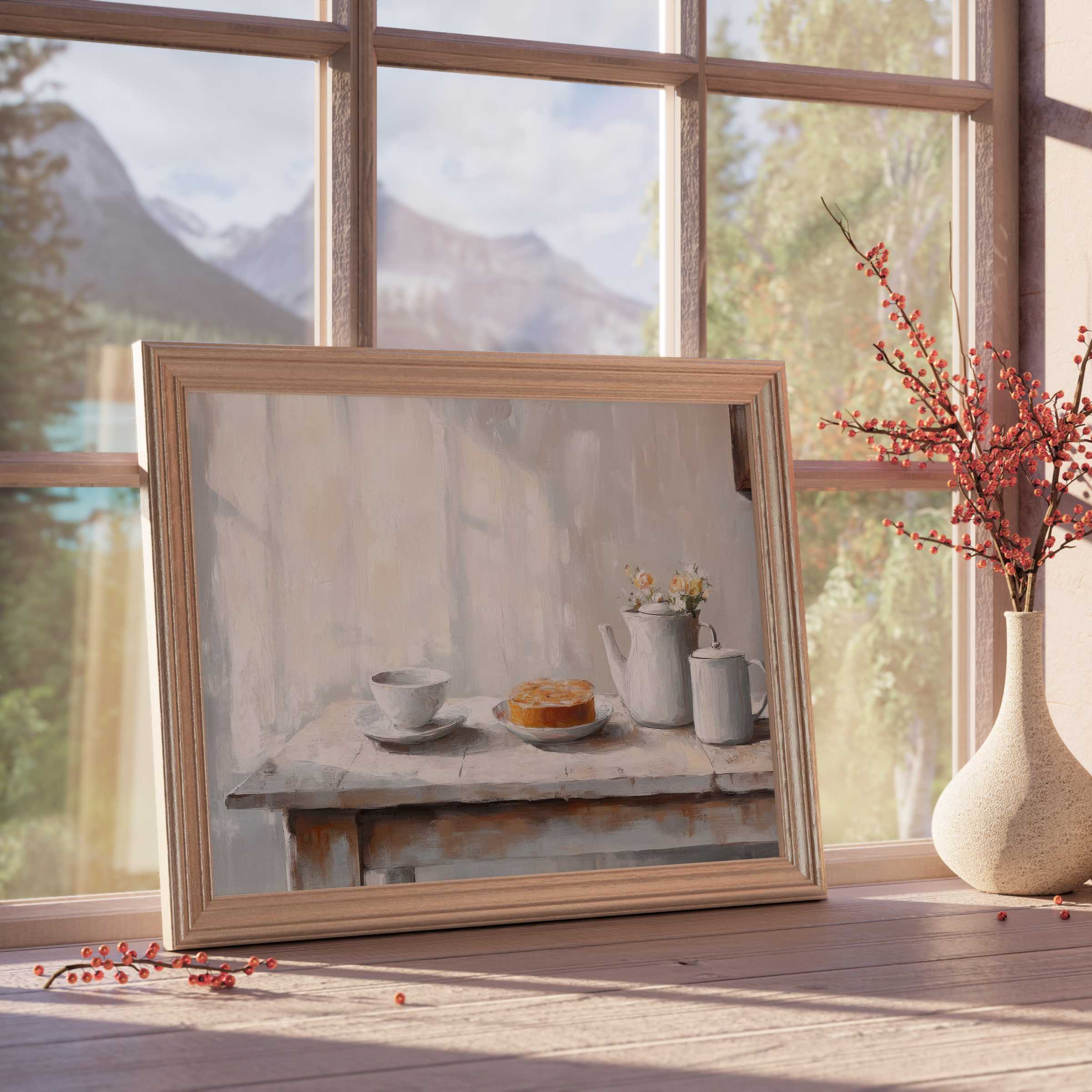 Farmhouse downloadable art capturing serene rustic charm with soft light and delicate florals, perfect for elegant, tranquil interiors