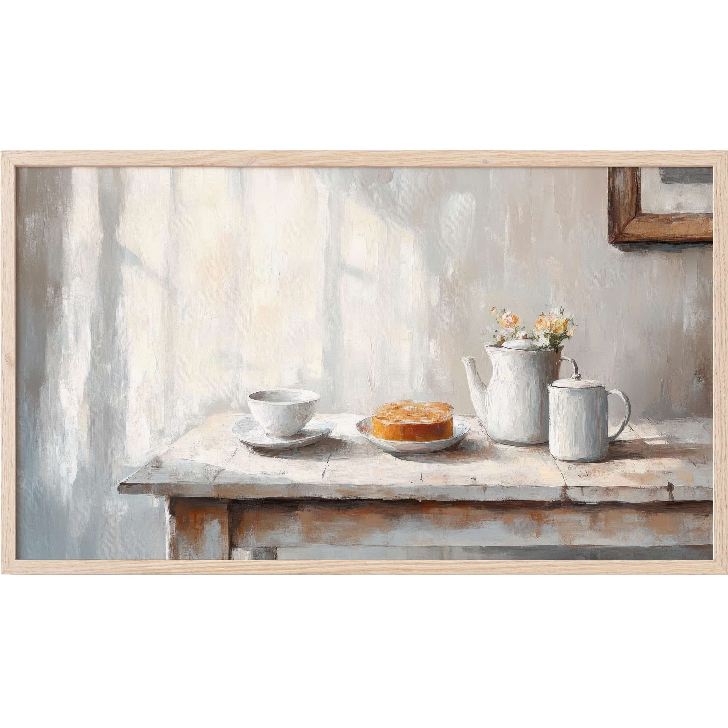Farmhouse Frame TV Art depicts soft, muted grays and creams with warm light, showcasing a serene, rustic still life