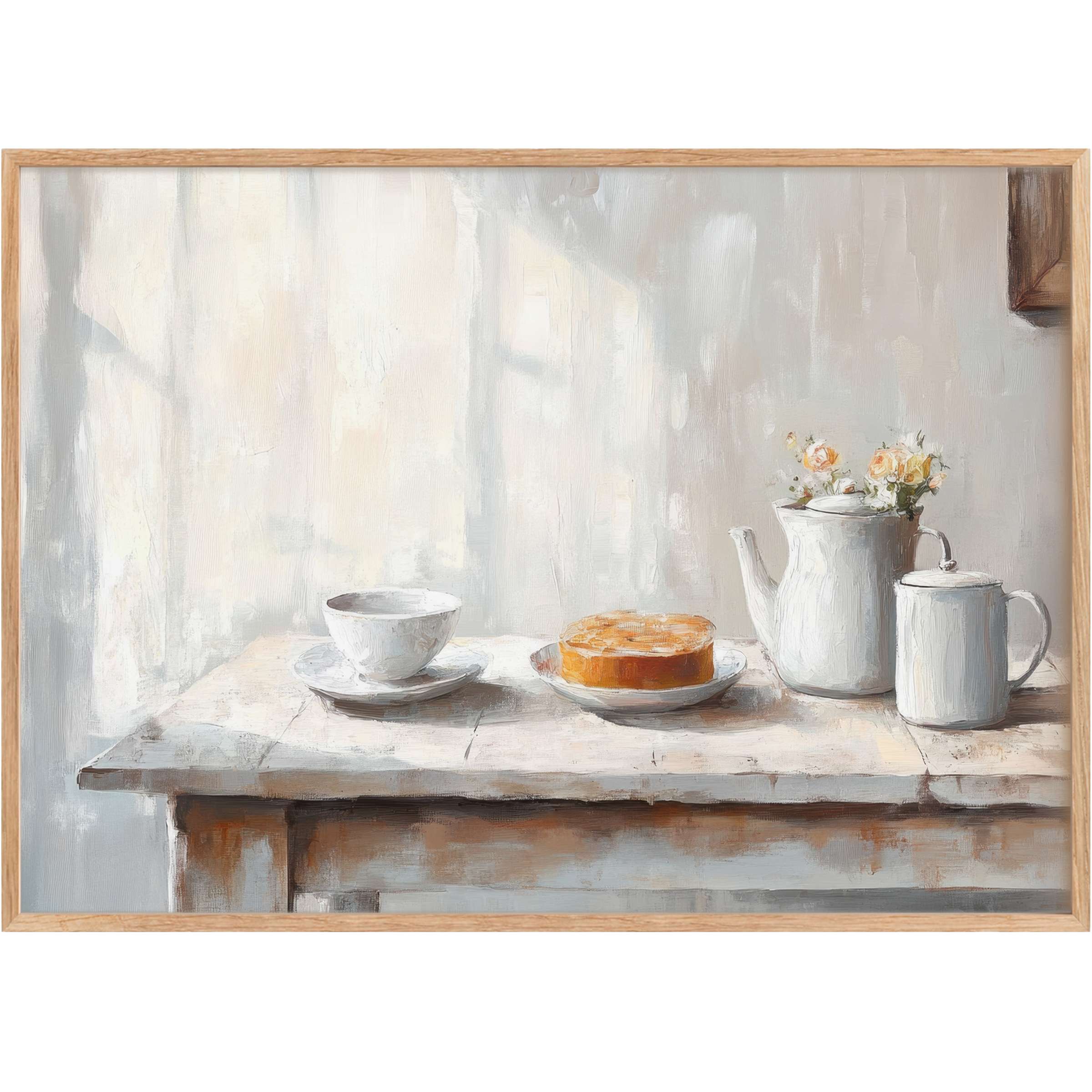 Tranquil farmhouse printable wall art featuring soft whites, warm honey tones, and delicate florals, evoking serene, inviting charm