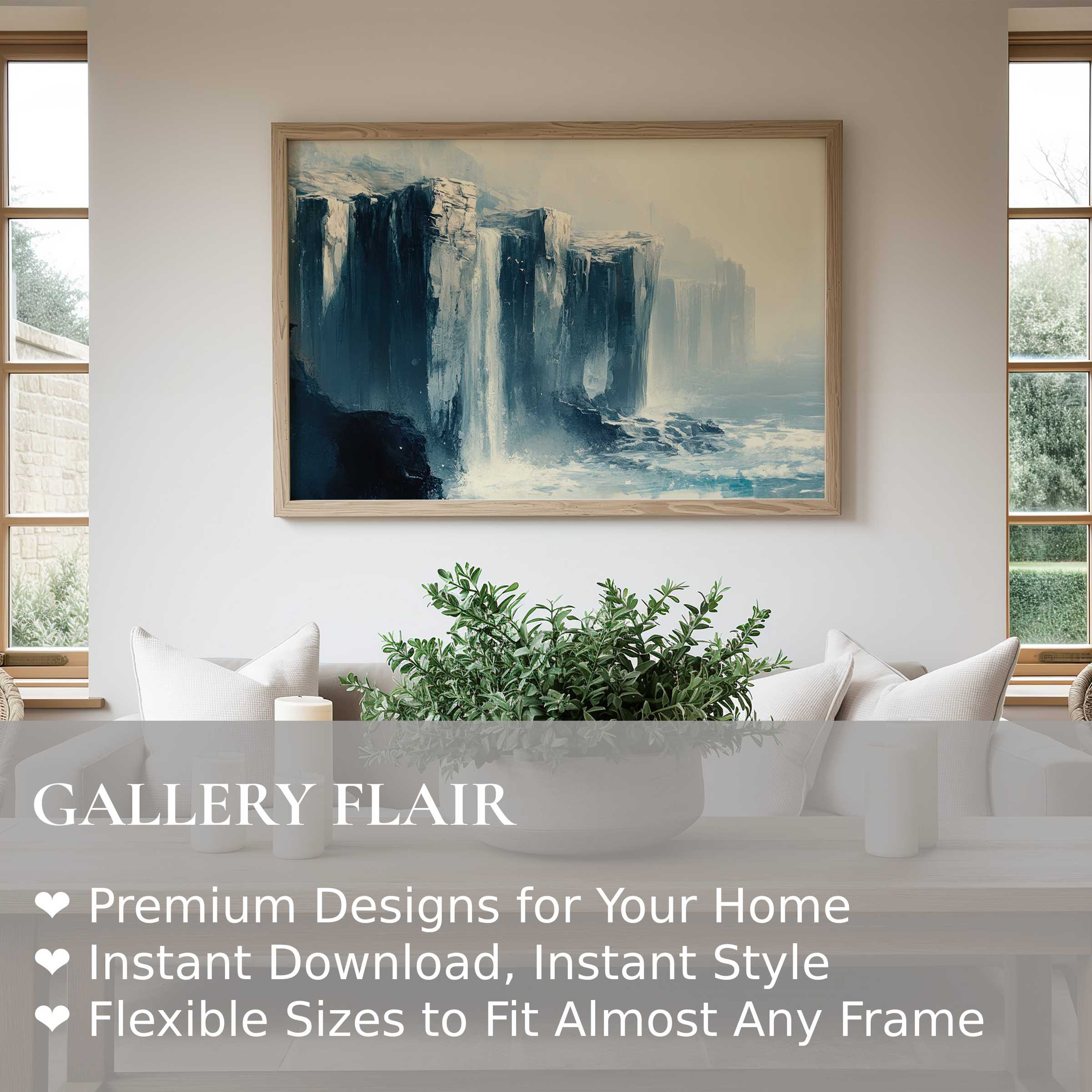 Coastal wall art print features serene cliffs in deep blues and soft neutrals, enhancing modern minimalist interiors with calming oceanic elegance