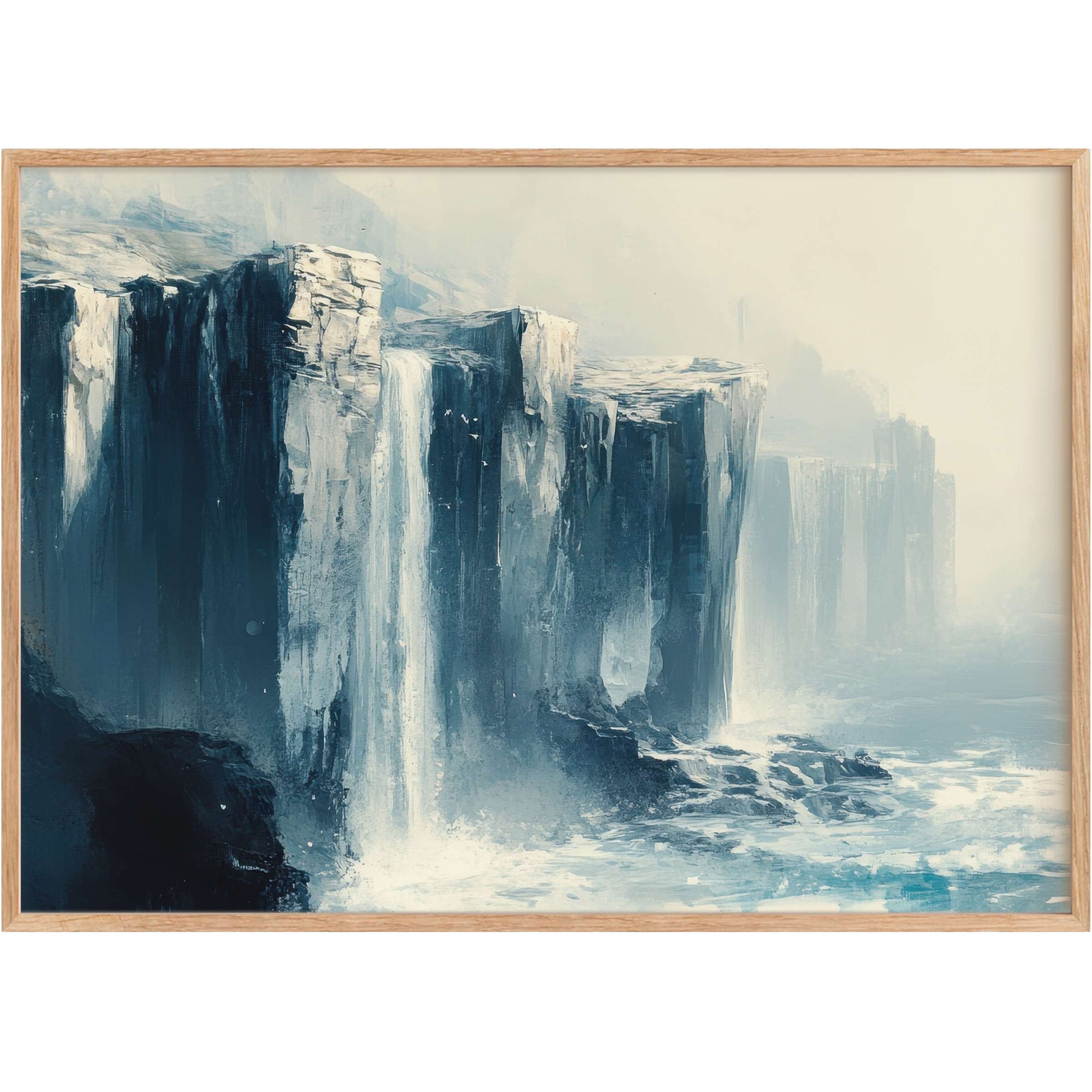 Coastal printable wall art captures serene cliffs and cascading waterfalls in deep blues and soft grays, evoking a tranquil, refreshing ambiance