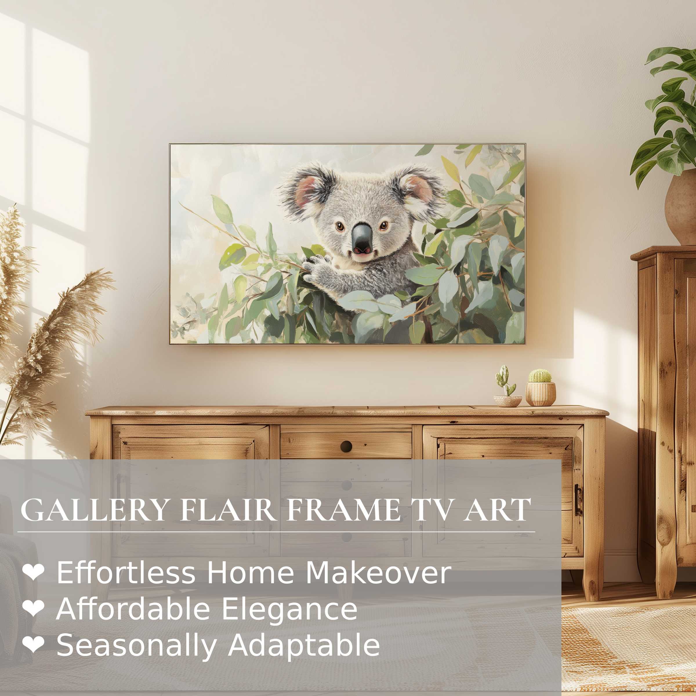 Elegant nursery digital artwork of a koala on Samsung Frame TV in a cozy, modern natural wood setting