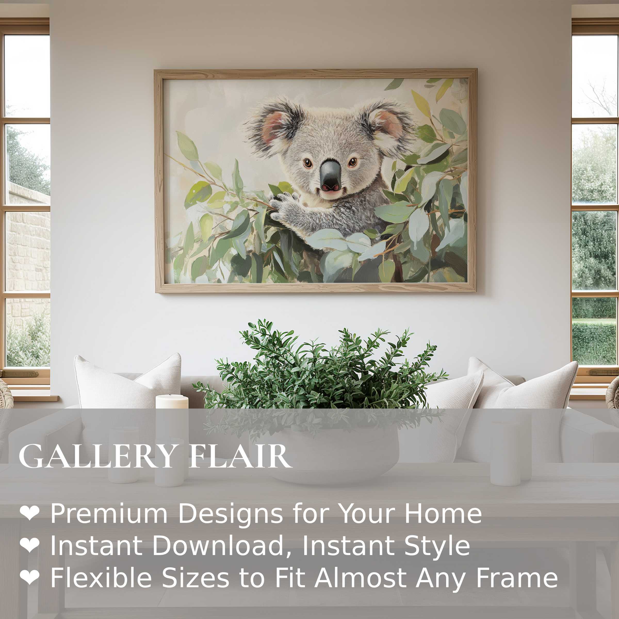 Nursery wall art print of a serene koala amid eucalyptus leaves, enhancing a modern, calming nursery with soft, natural elegance