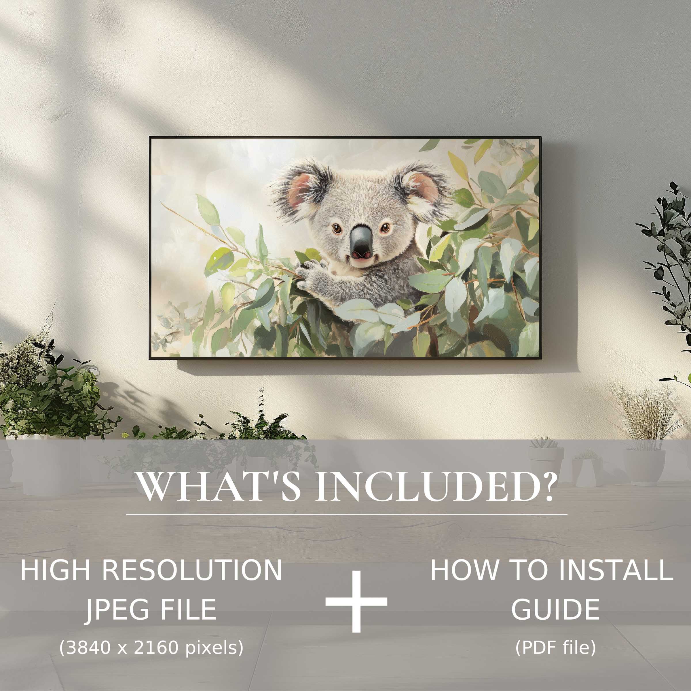 Elegant nursery digital TV art download featuring a koala; easy digital use enhances stylish living spaces