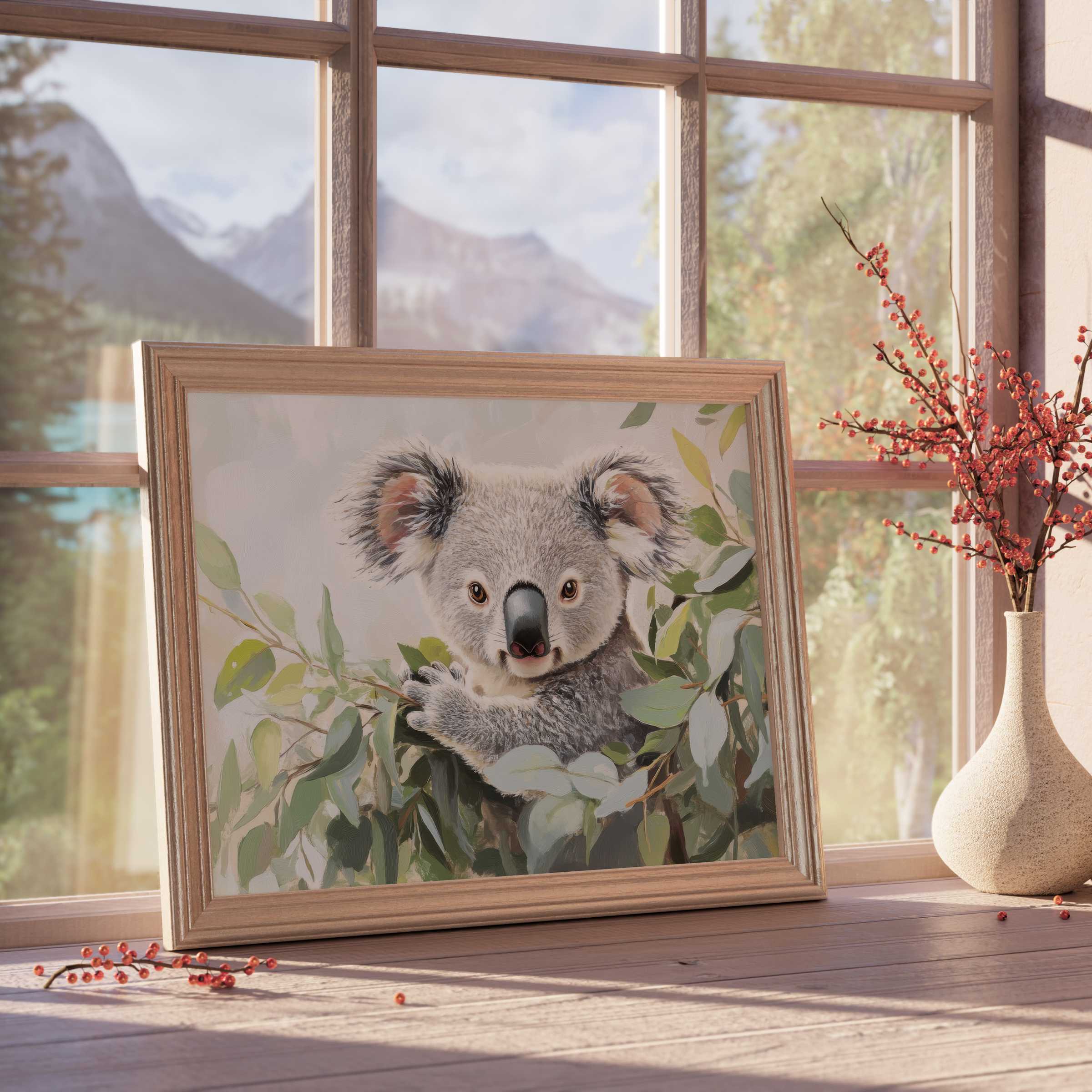 Charming nursery downloadable art featuring a serene koala amid eucalyptus leaves, elevating tranquil, design-forward nurseries with nature-inspired elegance