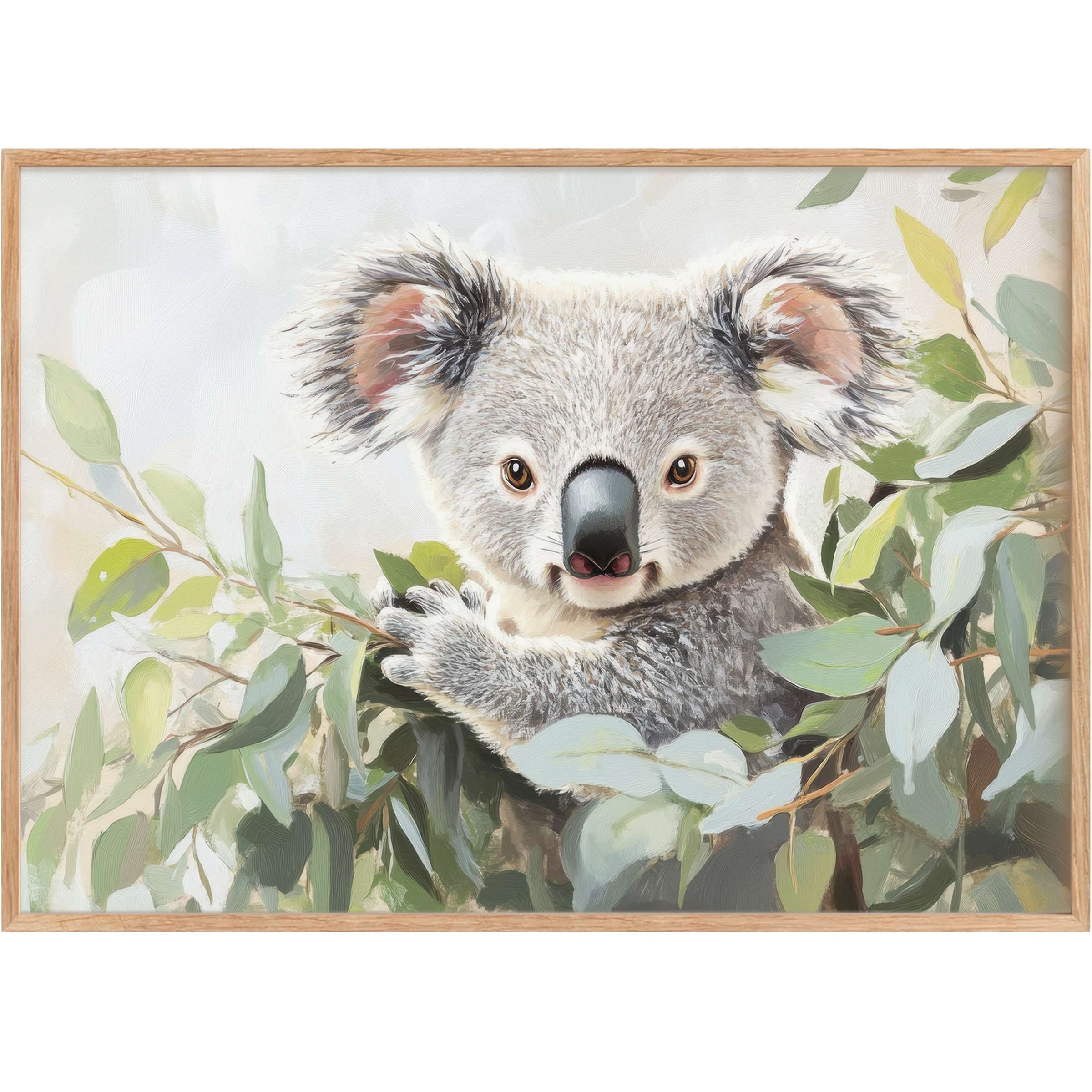 Adorable koala captured in soft greys and muted greens, infusing a nursery printable wall art with serene, tender charm