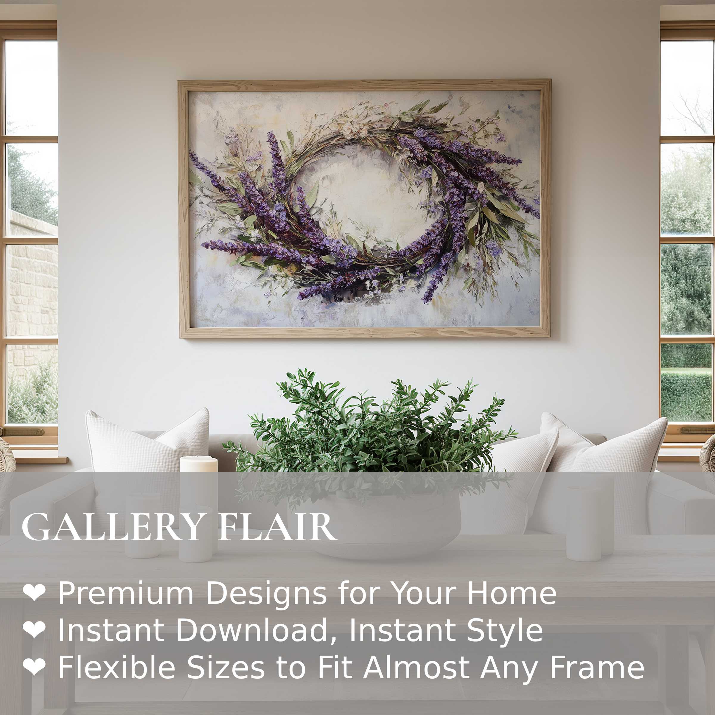Elegant floral wall art print featuring a radiant lavender wreath, enhancing serene modern farmhouse interiors with timeless charm