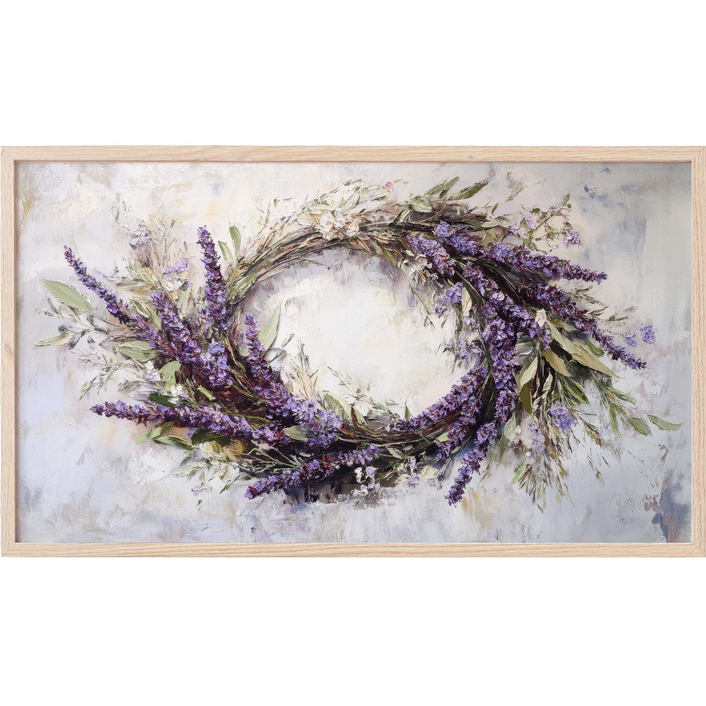 Floral Frame TV Art with textured purple blooms and soft greens in an airy, modern impressionist style