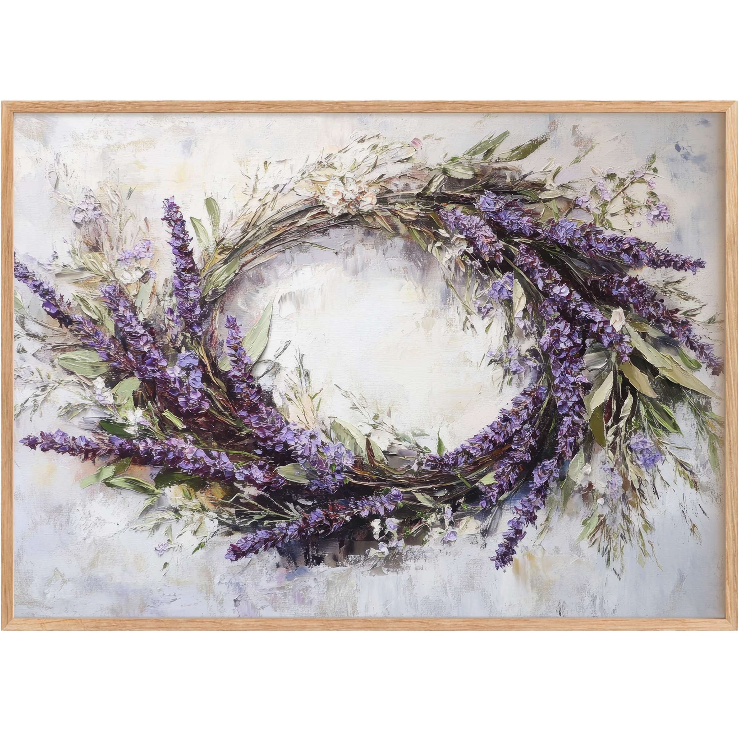 Elegant floral printable wall art with lush lavender wreath in soft purples and greens, evoking serene, timeless sophistication