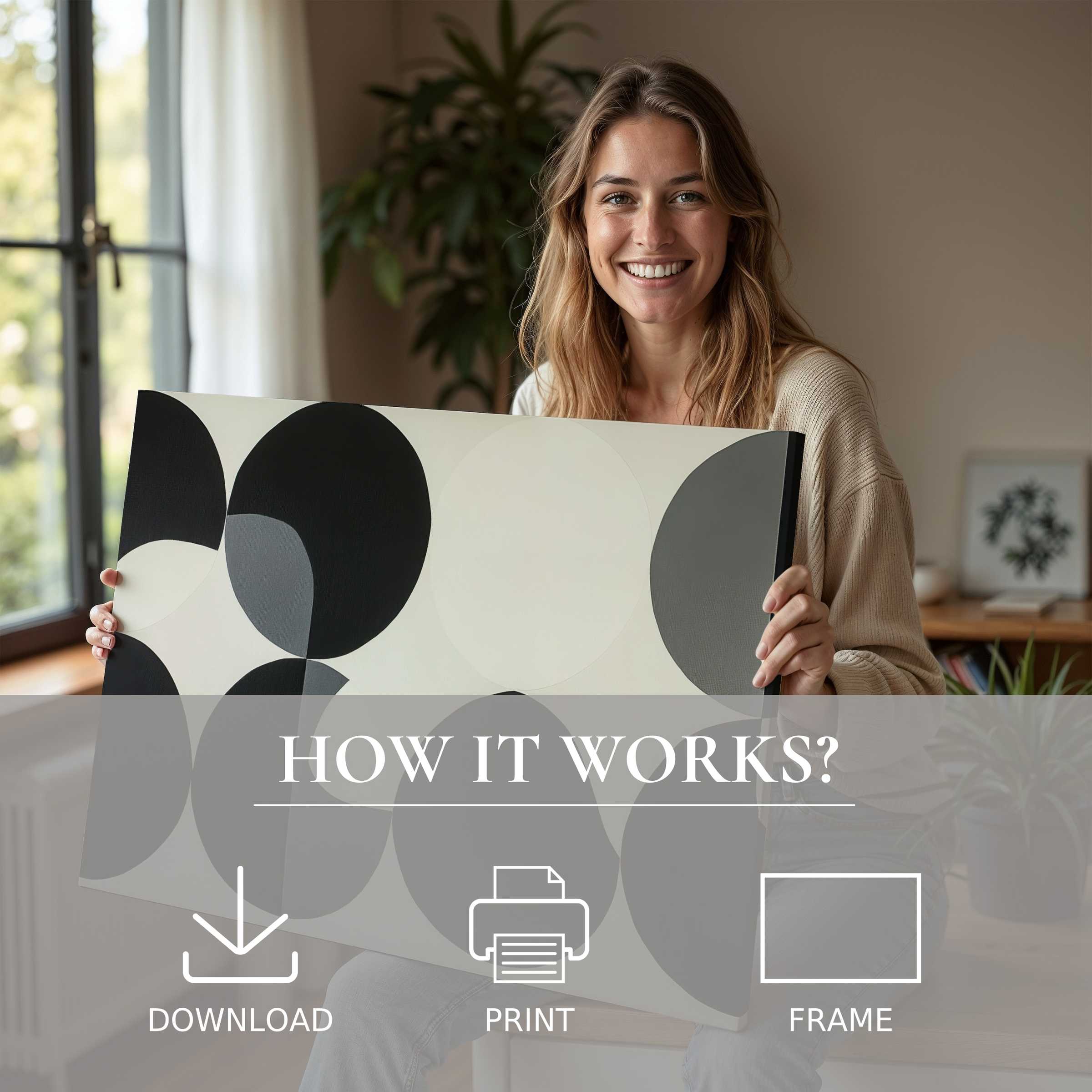 A radiant moment of joy in a sunlit modern home, embracing minimalist digital art print with effortless elegance