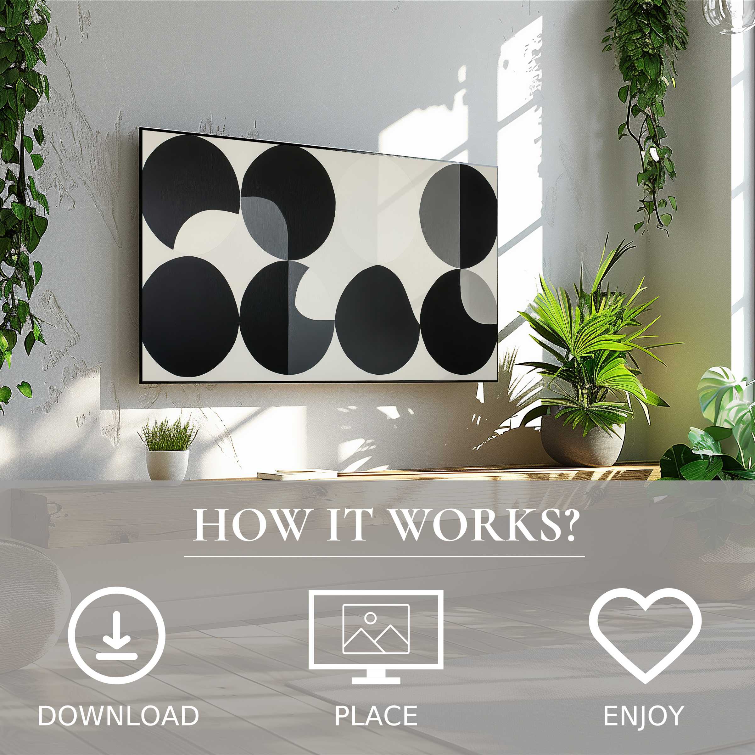 Minimalist art for Samsung TV with bold black shapes, easy digital download enriches stylish, green-lit living spaces
