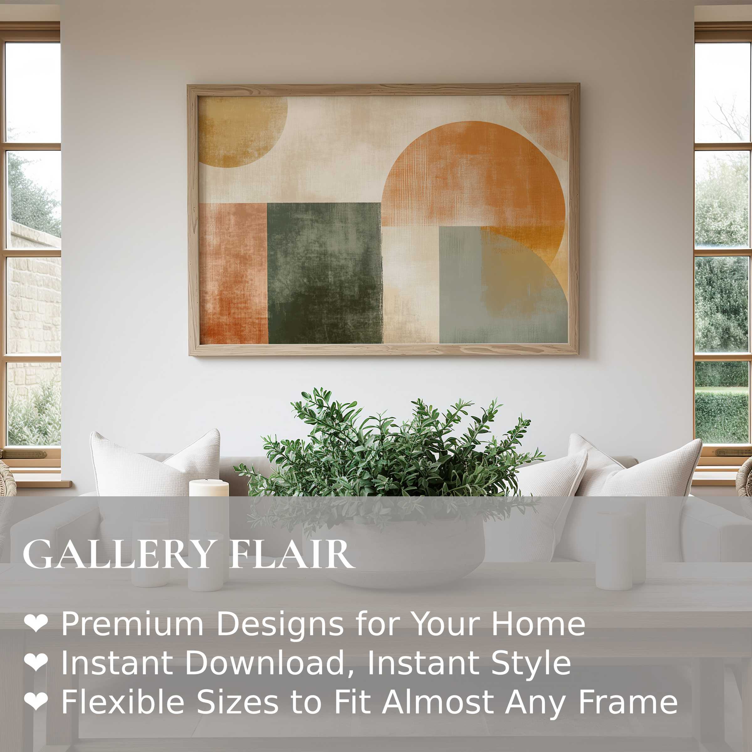 Modern wall art print with warm earthy tones and soft geometric shapes, enhancing serene, minimalist living rooms with contemporary elegance