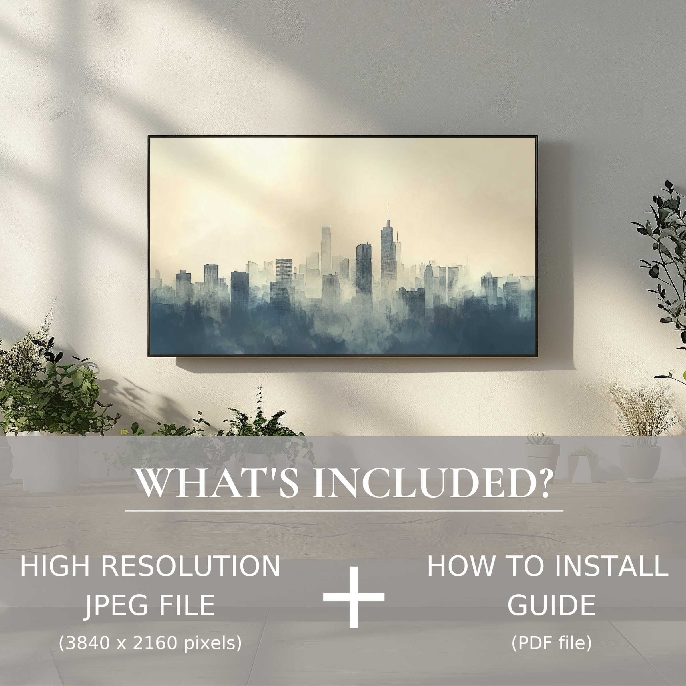 Neutral digital TV art download of serene cityscape enhances modern living spaces with easy, stylish digital use