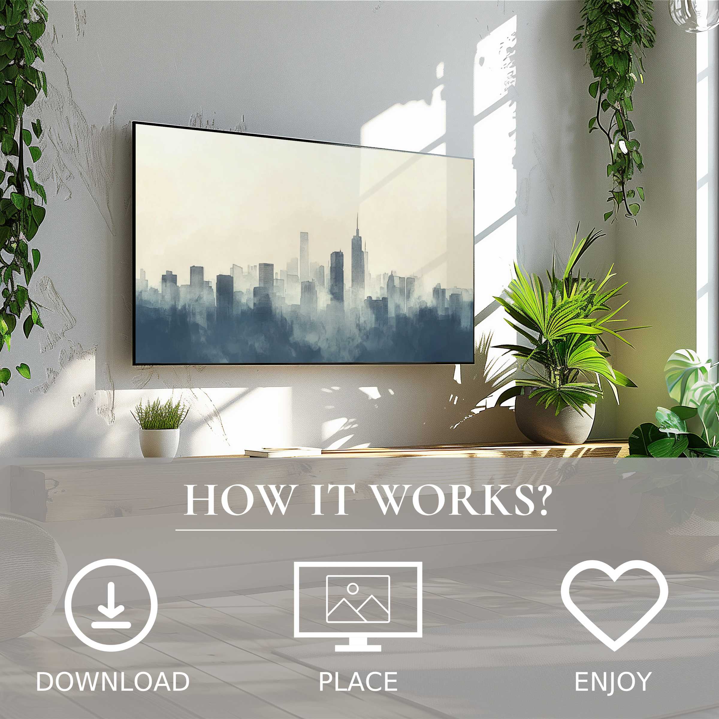 Neutral art for Samsung TV showing misty cityscape in soft blues, easy digital download enriches modern living spaces