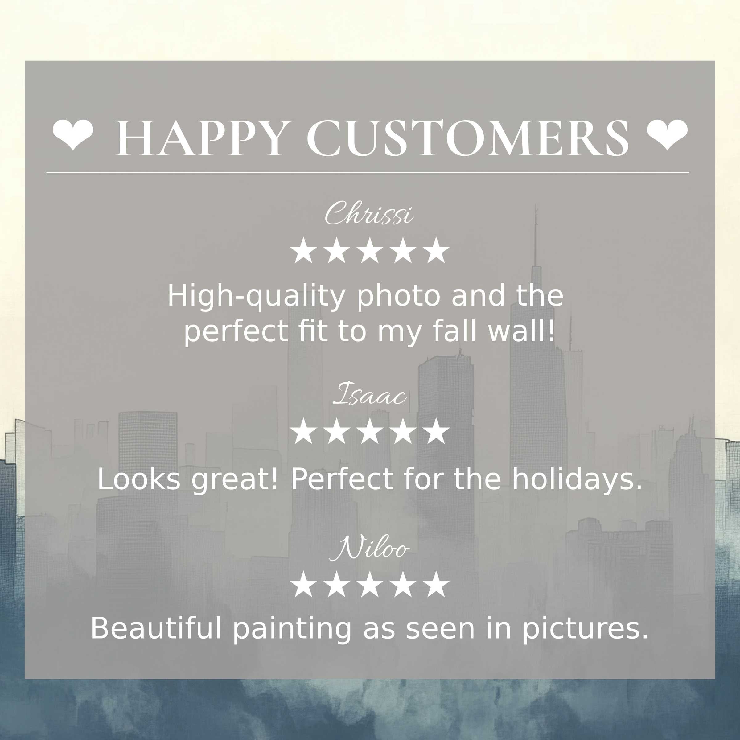 Happy customer reviews with neutral art for Frame TV featuring soft blue-gray cityscape, inspiring trust and elegance