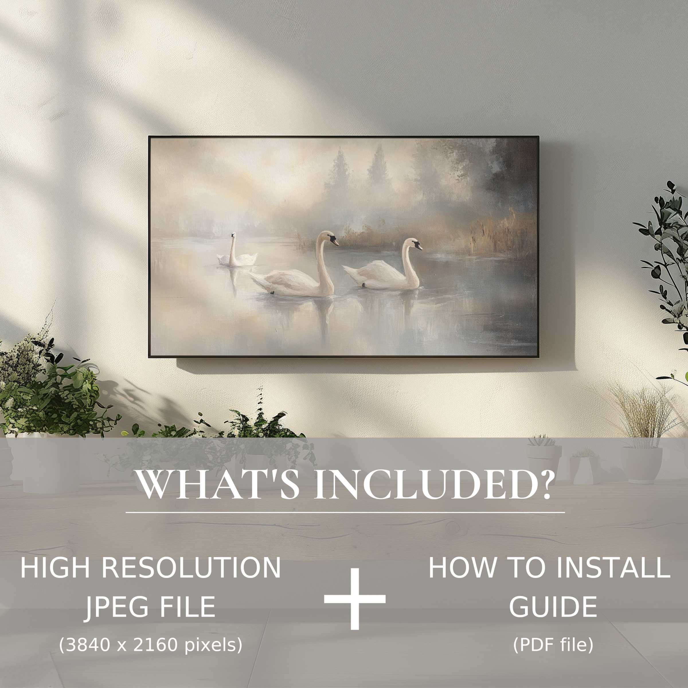 Elegant vintage digital TV art download with serene swans, easy to use and elevates any stylish living space