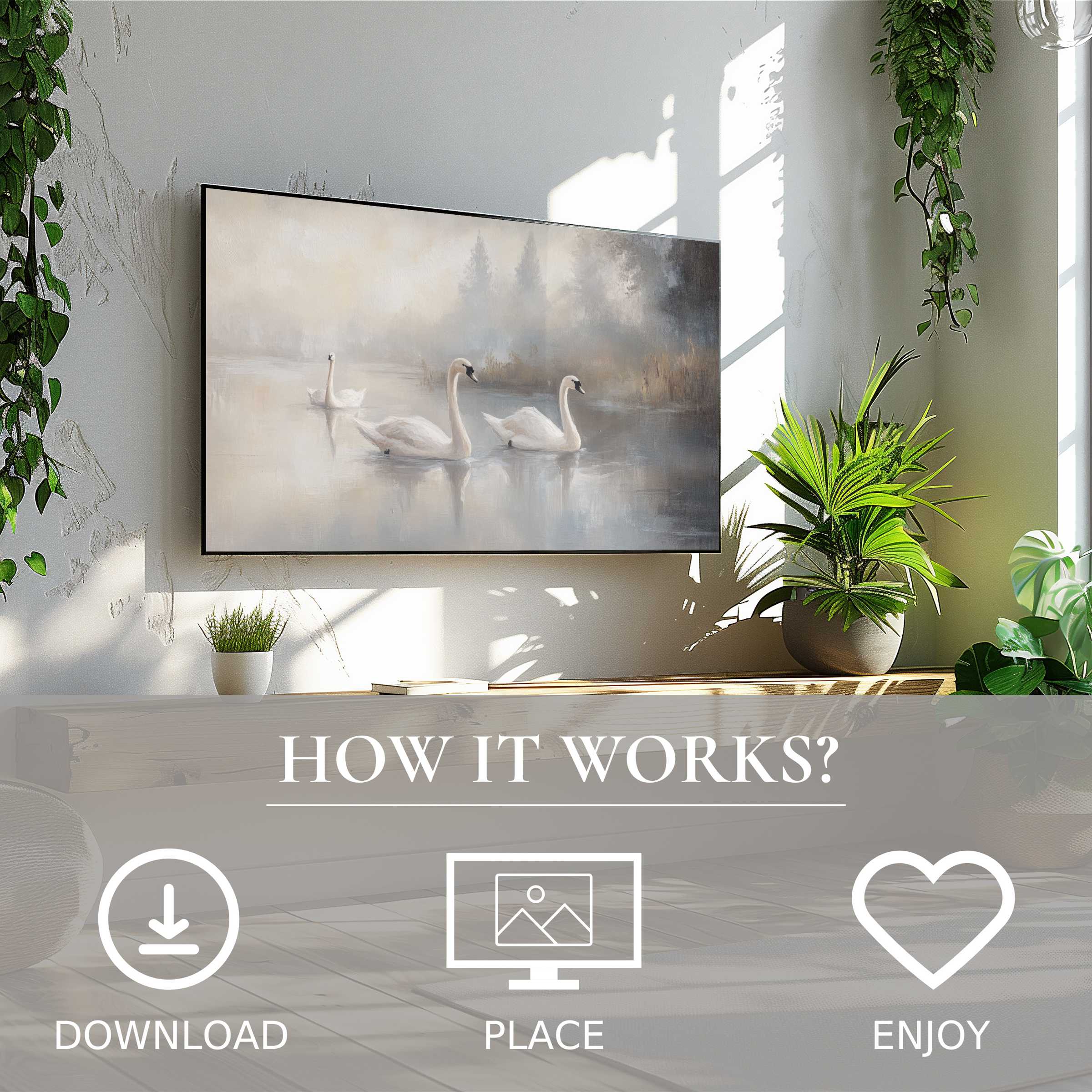 Vintage art for Samsung TV shows soft, misty swan motif; simple digital download enriches modern, green living spaces