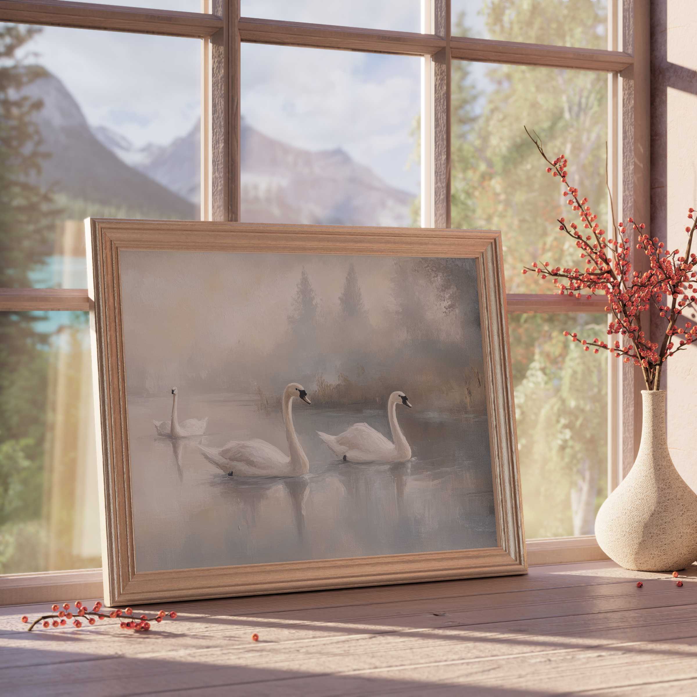 Vintage downloadable art of serene swans gliding on misty waters, perfect for elevating elegant, tranquil interiors